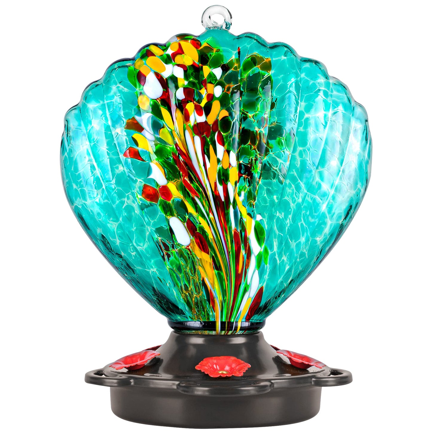 LUJII Seashell Shaped Hummingbird Feeder for Outdoors Hanging, Hand Blown Glass, Metal Base Cover, No Leak, 25 fl.oz, Unique Art Glass for Backyard & Outside Decor, Great Gift for Bird Lover, Teal