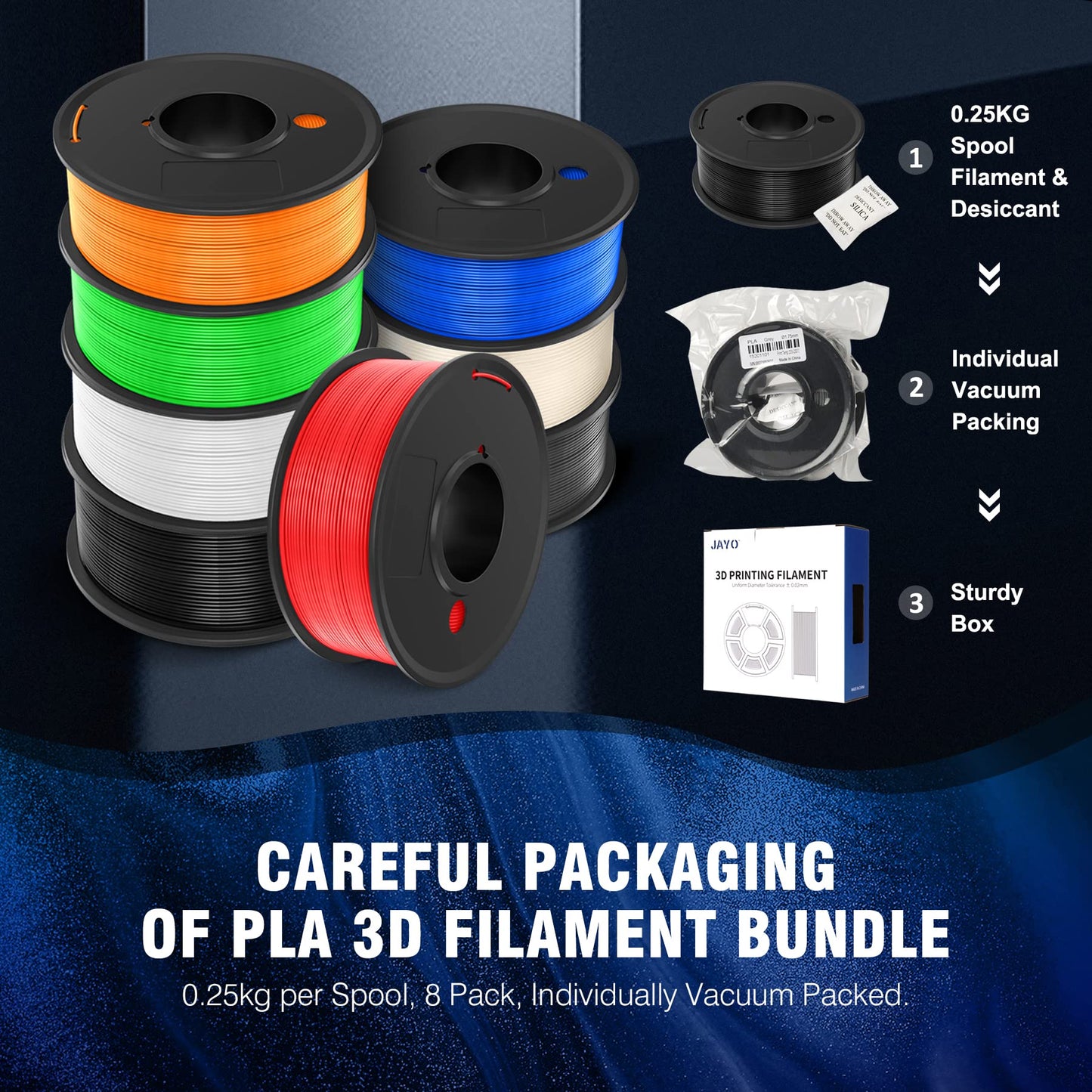 3D Printer Filament Bundle Multicolor, JAYO PLA Filament 1.75mm, Neatly Wound Filament 2kg, 250g Spool, 8 Pack, Black+White+Grey+Transparent+Blue+Red+Orange+Green