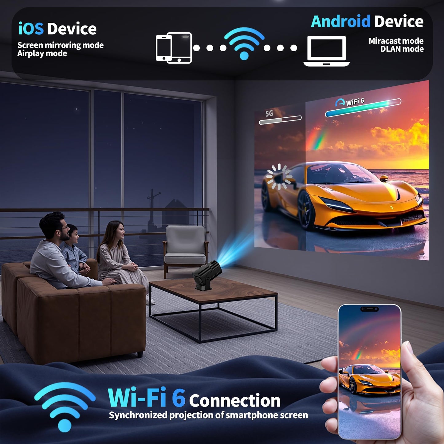 【Built-in Apps】Mini Projector 1080P Full HD, 4K Projector with 180° Rotation, Portable Projector WiFi 6&Bluetooth 5.2 Support, Featuring Auto Keystone Correction, HDMI/USB Connectivity Black