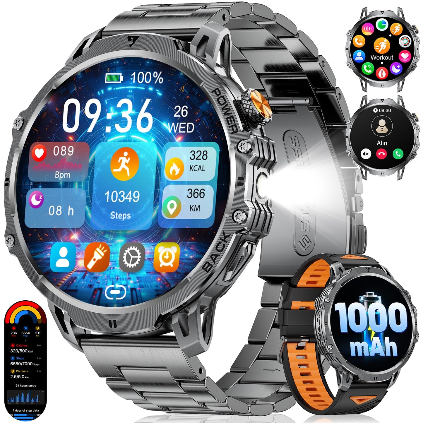 BENYAR SMART Military Smart Watch for Men with 1000mAh Battery, 1,85" HD Large Display Flashlight Fitness Tracker, IP68 Waterproof Smartwatch with Answer/Make Calls, 120 Sports Modes for Android iOS