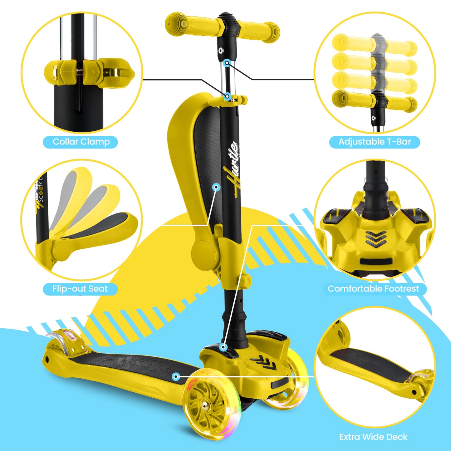 Hurtle 3-Wheeled Kids Scooter - Wheel LED Lights, Adjustable Lean-to-Steer Handlebar, and Foldable Seat - Sit or Stand Ride with Brake for Boys and Girls Ages 1-14 Years Old, Yellow