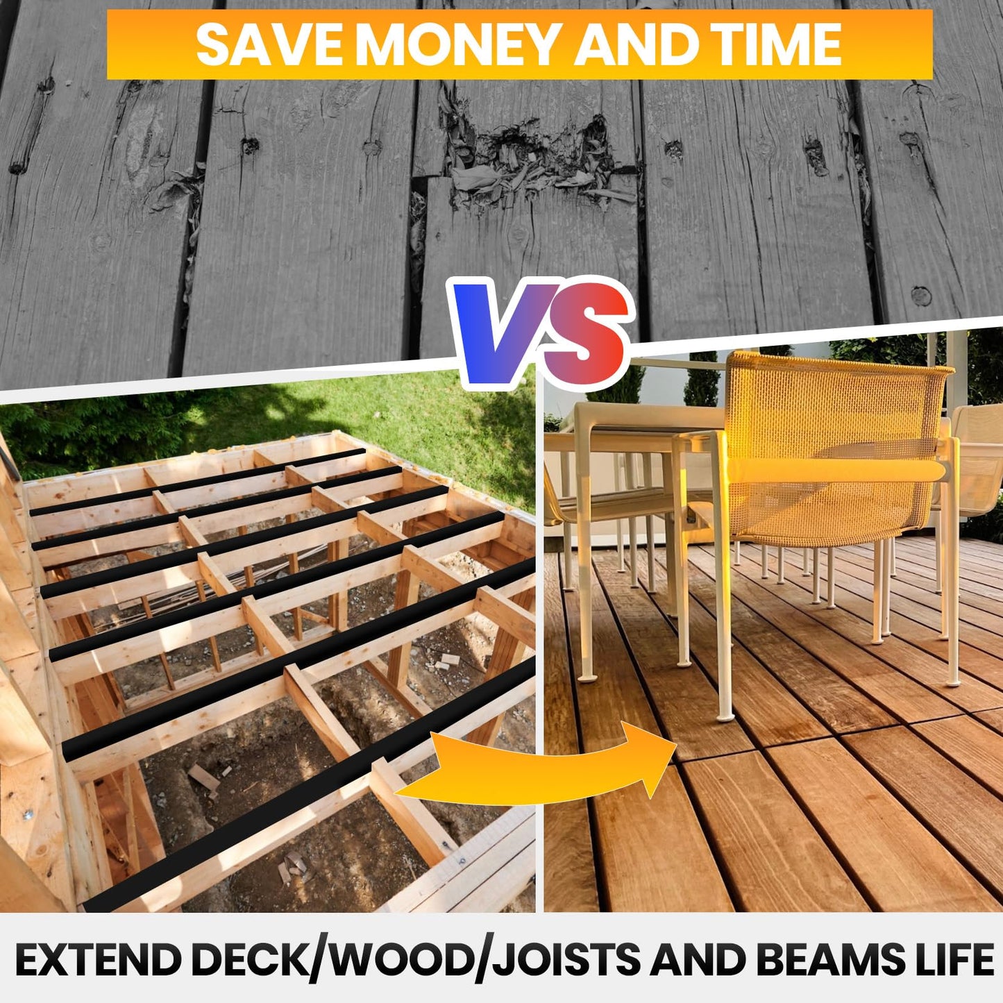 ADHES Deck Joist Tape 2 Inch x 50', 6 Rolls - Weather Resistant & Waterproof Flashing Tape for Decking, Wood Beams, Roof - Butyl Tape for Outdoor Construction