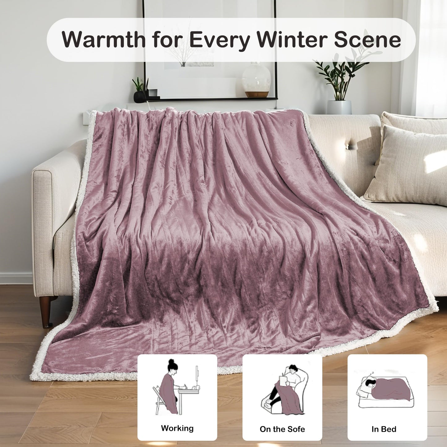 Eydna Electric Throw Heated Blanket 50'' x 60''- Soft Plush Flannel Heating Blanket with 4 Heating Level & 3 Hour Auto Off, Machine Washable, Purple