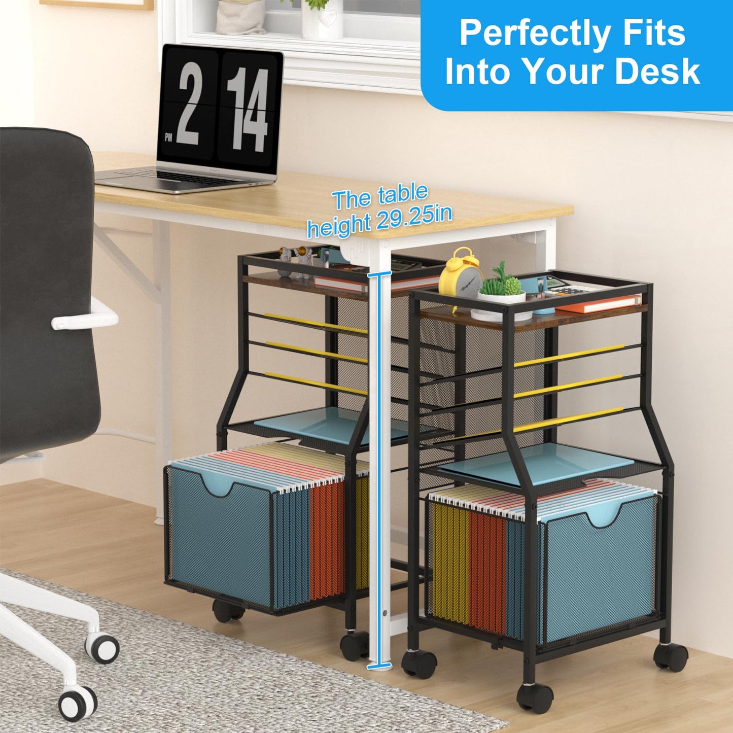 BOHDK Rolling File Cart, 6-Tier Under Desk Organizer on Lockable Wheels, Brown Wood Planks & Mesh File Cart with Sliding Drawer and Paper Trays for Office Home School, Brown Board