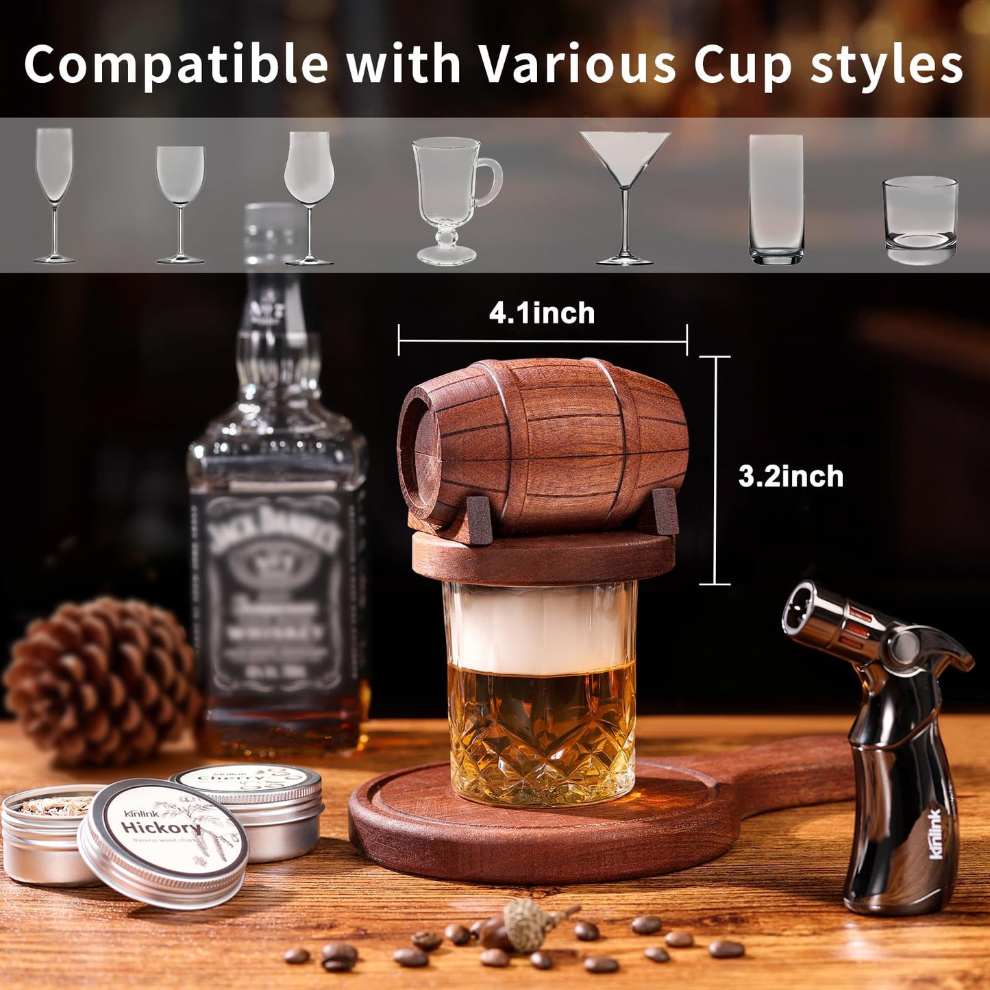 Whiskey Smoker Kit with Torch No Butane, 6 Flavors Wood Chips, 2 Whiskey Glasses, 2 Ice Ball Molds, Cocktail Drink Smoker Kit, Old Fashioned Smoker Kit, Birthday Anniversary Bourbon Gifts for Men Dad