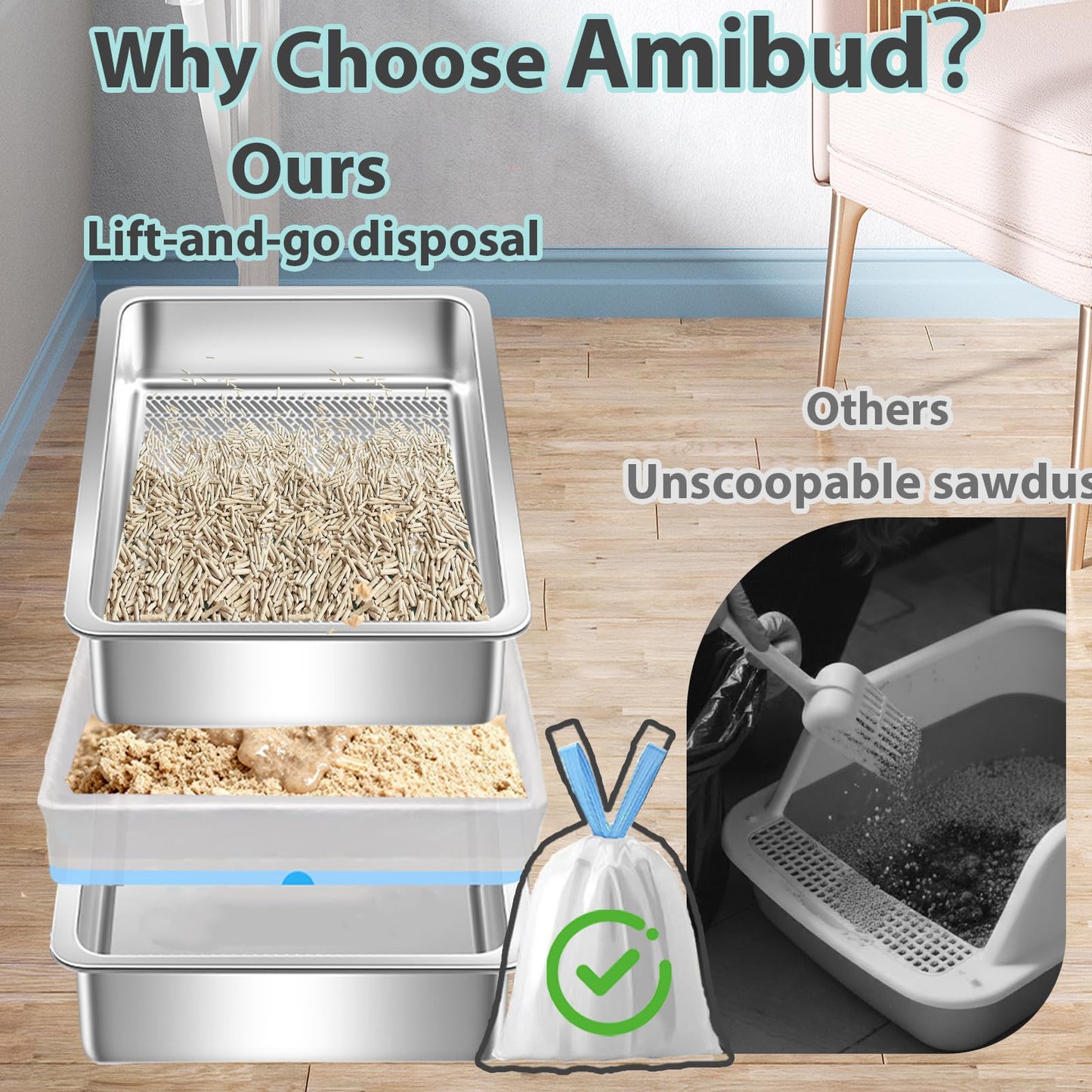 Amibud Stainless Steel Sifting Litter Box for Wood Pine Pellets,50cm Lx 35cm W x 15cm H Extra Large XL Metal Pellet Sifter Litter Pan System for Easy Cleaning Odor Control, Sifting Box Liners & Scoop