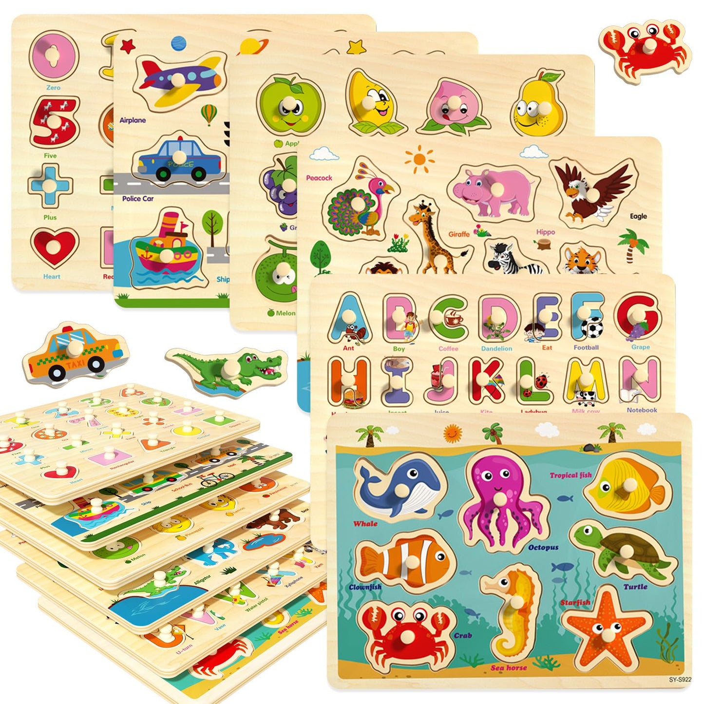edutree Wooden Peg Puzzles for Toddlers 2-4, 6 Pack Educational Peg Puzzles Montessori Toys for Toddlers 1-3, Learning Puzzles for Kids Girs Boys with Alphabet Number Animal Vehicle Shape