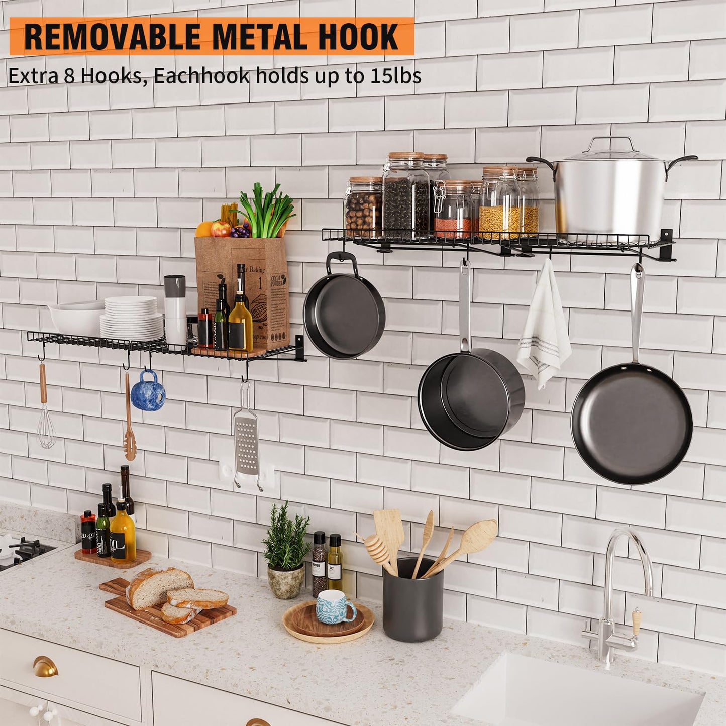 Foldable Wall Shelf, 4 Pack Wall Mounted Garage Storage Shelves, Heavy Duty Metal Floating Shelves with 8 Hooks, 180 LBS Capacity, for Office, Kitchen and Laundry Room