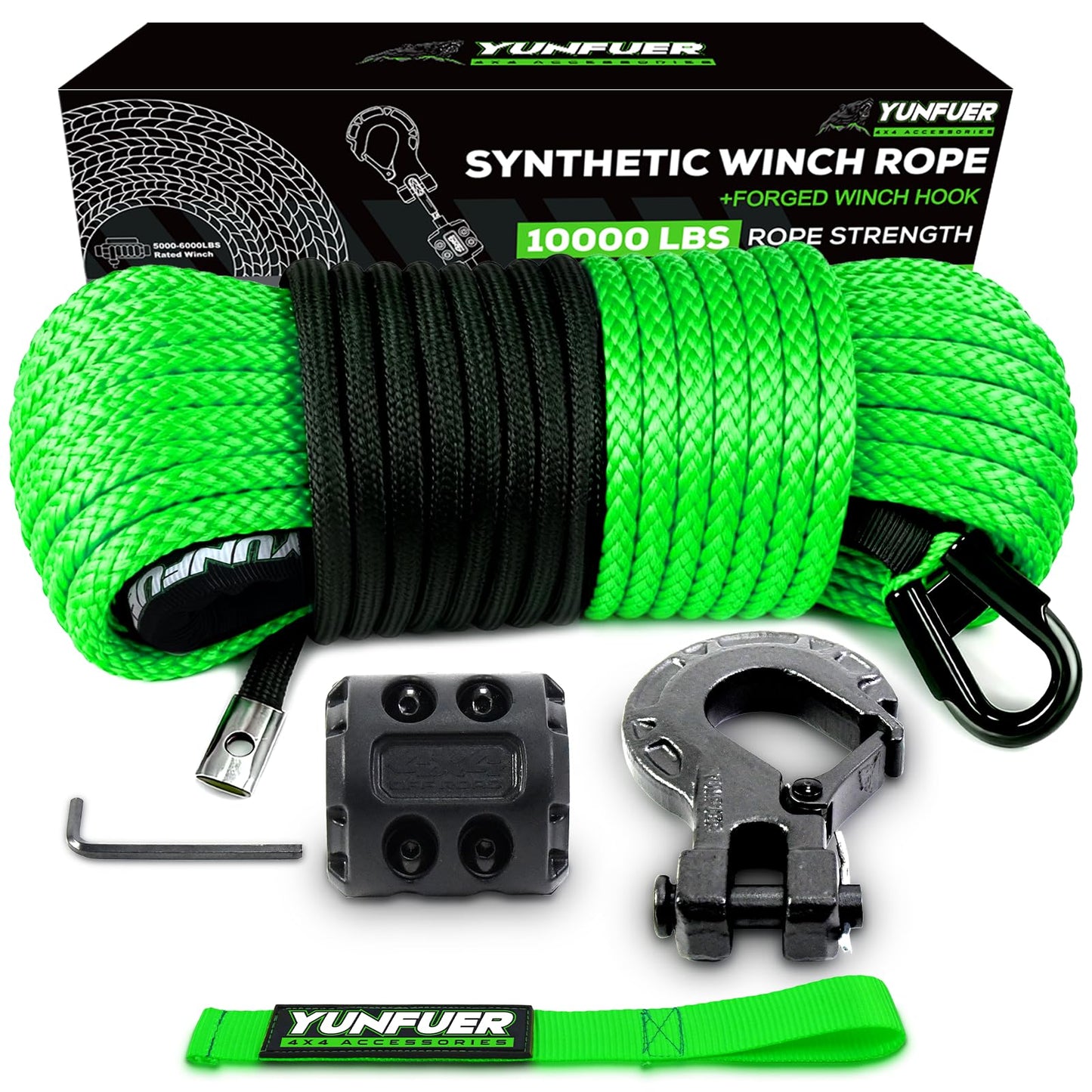 YUNFUER Synthetic Winch Rope Cable Kit, 1/4" x 50ft 10000LBS Green Winch Rope with Protective Sleeve, Forged Winch Hook, Rubber Stopper and Safety Pull Strap for ATV UTV (Green)