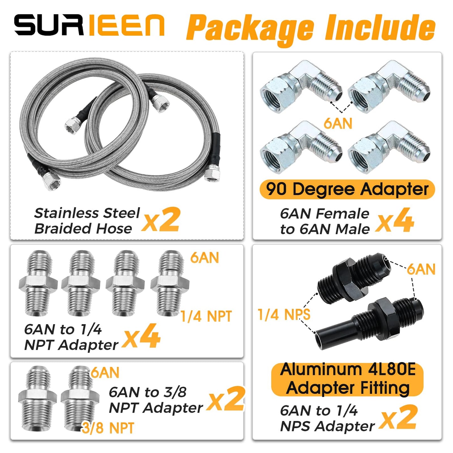 SURIEEN 6AN 70" Transmission Fluid Oil Cooler Hose Line Kit, SS Braided PTFE Transmission Lines Compatible with GM Chevy Ford Turbo 4L60E 4L65E 4L80E TR6060 AOD TH350 TH400 700R4 C5 C6, 2pcs