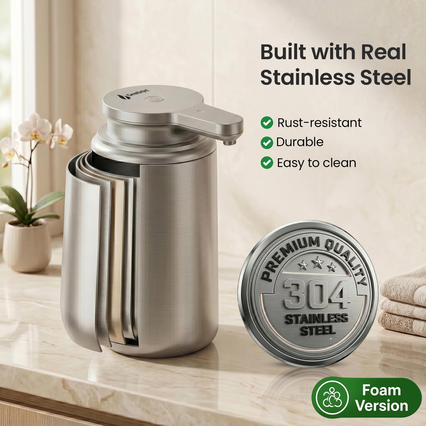 GentleJet WaveJet Automatic Foaming Soap Dispenser Touchless Sensor, USB-C Rechargeable, 304 Stainless Steel, IPX5 Waterproof for Bathroom Kitchen Sink, 12 oz / 350 ml