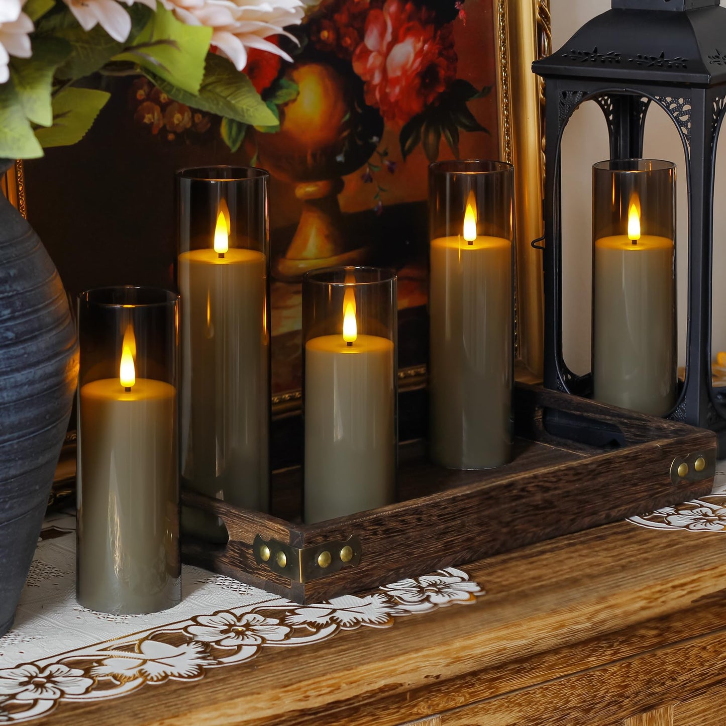 Wroxipel Pack of 8 Acrylic Flameless Flickering 2.2" x5" 6" 6" 7" 7" 7" 8" 8" Grey Plastic Candles with Remote, LED Battery Operated Cycle Timer Bulk Long Lasting Realistic Pillar Candles