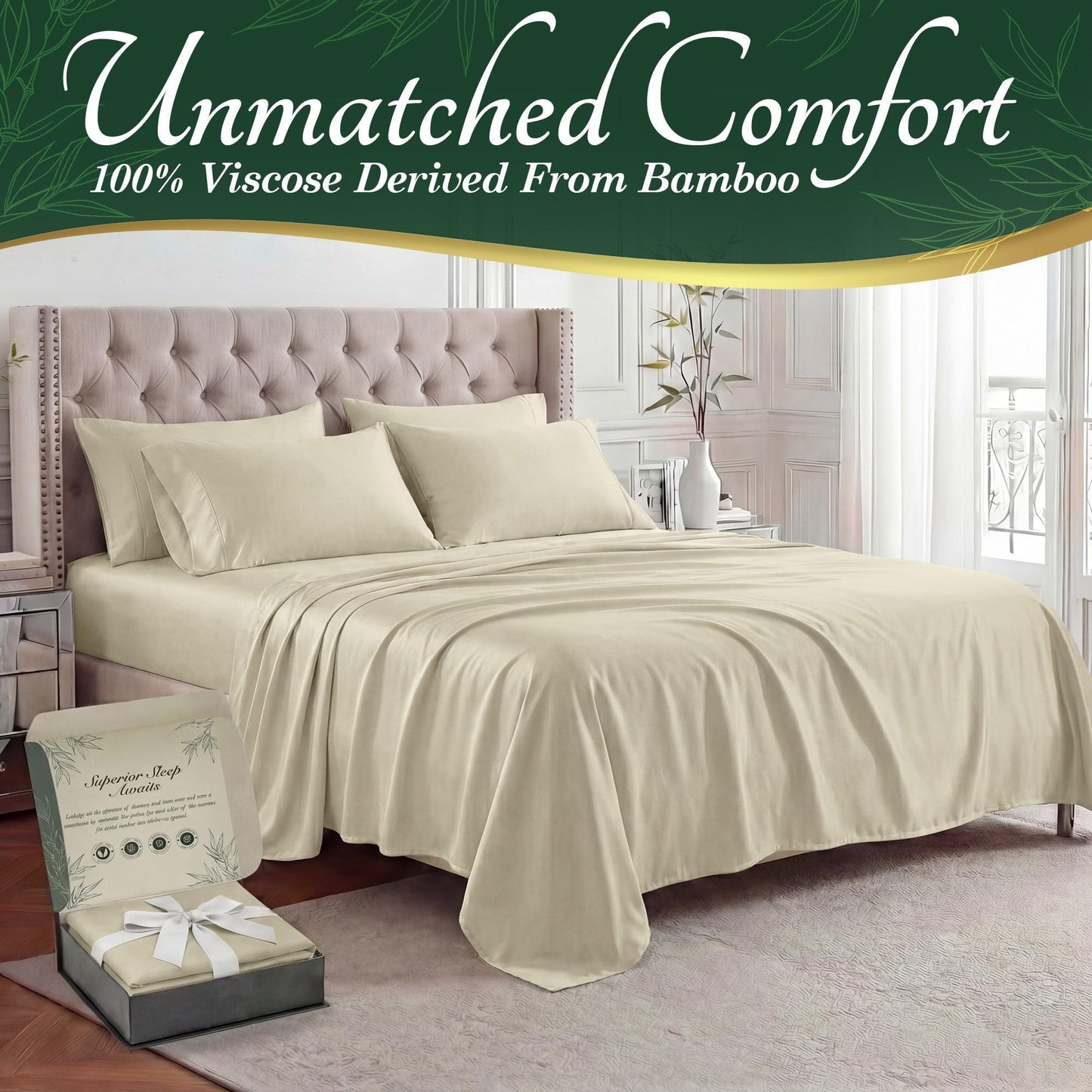 DECOLURE 100% Organic Viscose Derived from Bamboo Sheets Full Size 6pcs - Ultra Soft & Luxuriously Cooling, 17" Deep Pocket, Double Stitching, Perfect for Hot Sleepers - Full Bed Sheets (Creme)