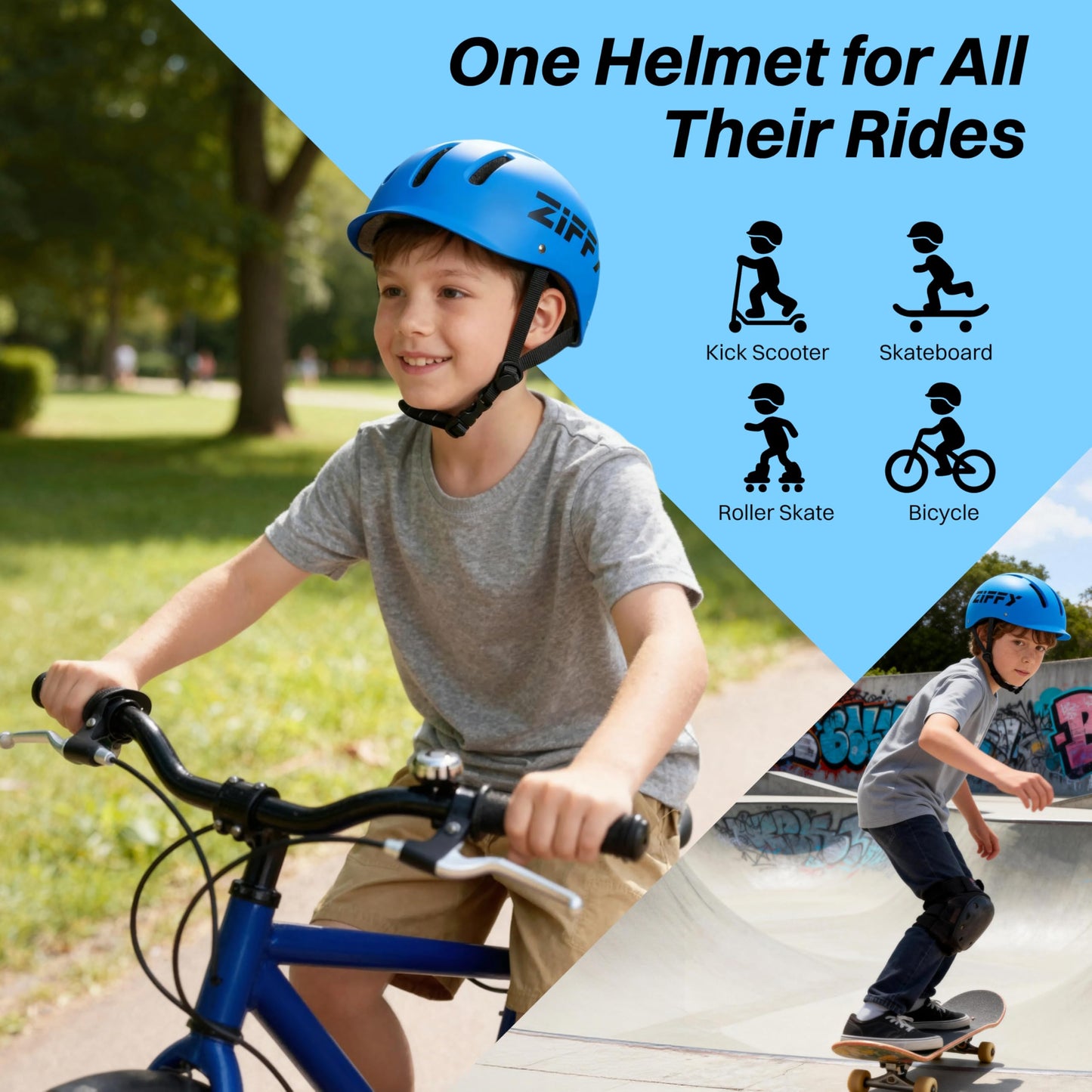ZIFFY Youth Bike Helmets for Kids – Lightweight, Adjustable, Safety Certified Scooter Helmet for Boys & Girls with Washable Inner Lining, M, Blue