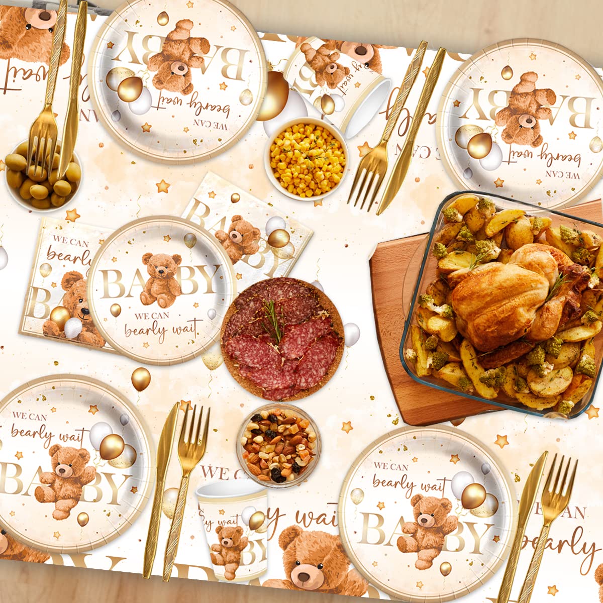 CMUSKO Teddy Bear Baby Shower Decorations - 142Pcs Brown Bear Theme Plates, Napkins, Tableware Set for 20 Guests