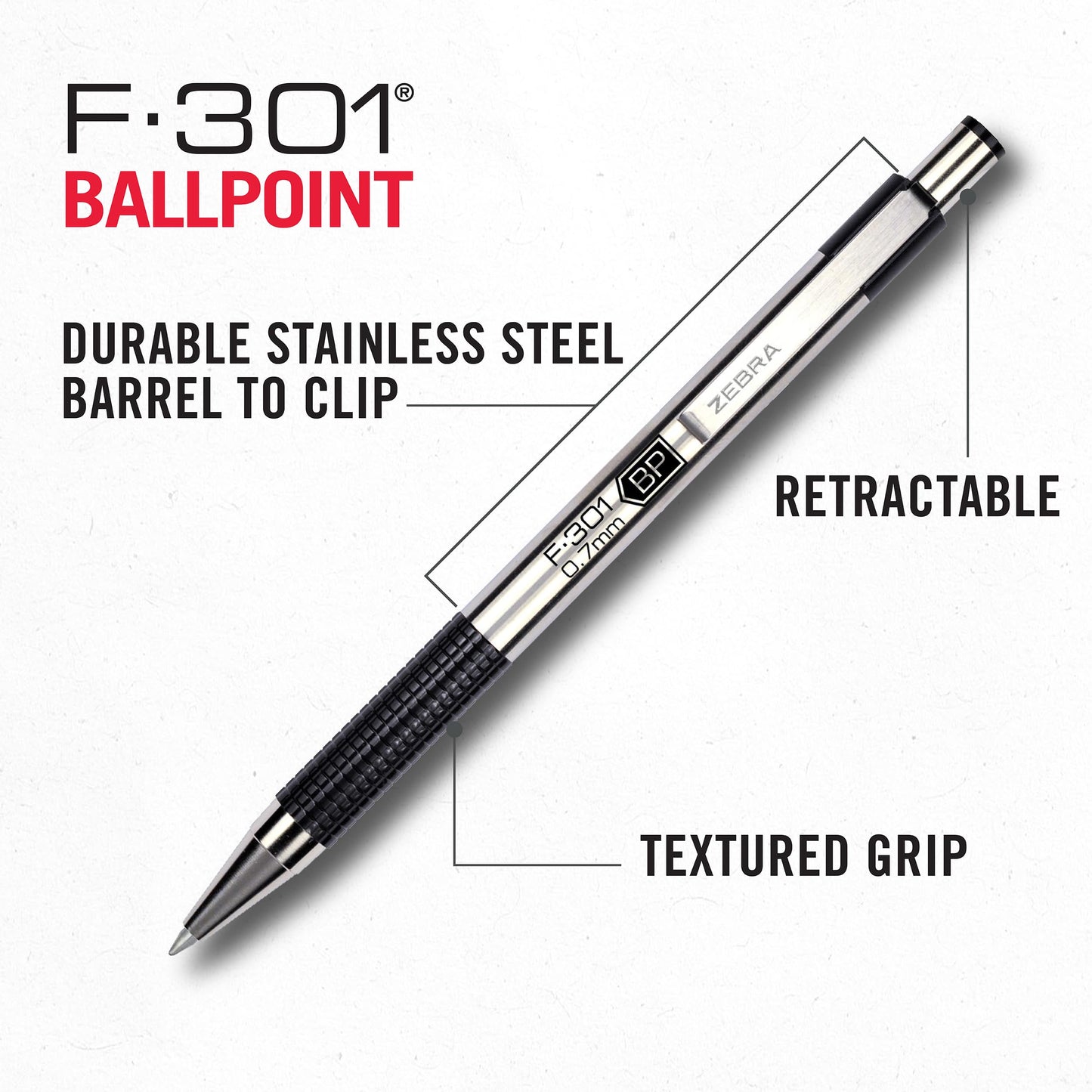 Zebra Pen F-301 Ballpoint Black Ink Fine Point 0.7mm Pen, Easy-Glide Ink, Stainless Steel Retractable, Non-Slip Grip, Professional Design, Ideal for Office, Journal and Planner Use, 12-Pack (27110)