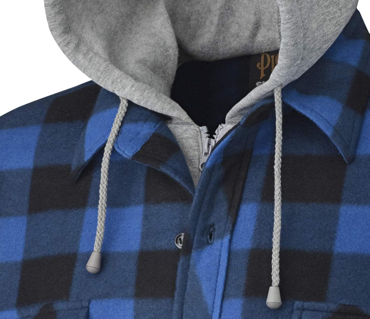 Pioneer Work Shirt – Quilted Fleece Lined Plaid Flannel Button Down Shirt Jacket with Hood for Men, Hidden Zipper Closure, 2 Pockets – Black & Blue