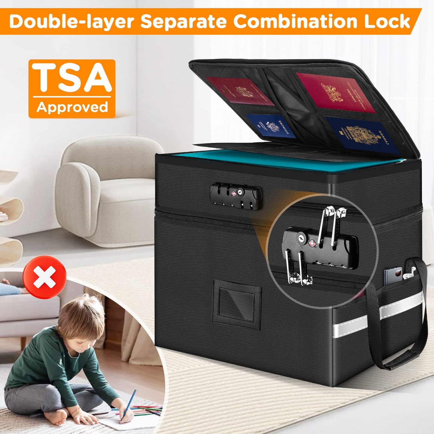 1.6 cu ft Fireproof Filing Cabinet(2012℉) with Double Lock, 2 Layer Portable File Organizer Box with 5 Pockets File Folder & Handle, Collapsible Document Organizer for Hanging Letter/Legal Folder