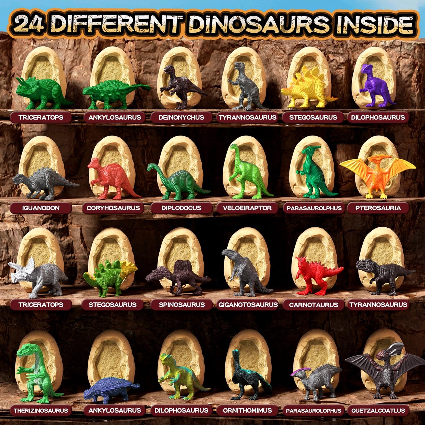 24 Dinosaur Eggs Excavation Dig Kit - Dinosaur Toys for Kids - Break Open Eggs and Discover 24 Cute Dinosaurs - Archaeology Preschool Science Crafts，STEM Science & Educational Toys Make Great Kids