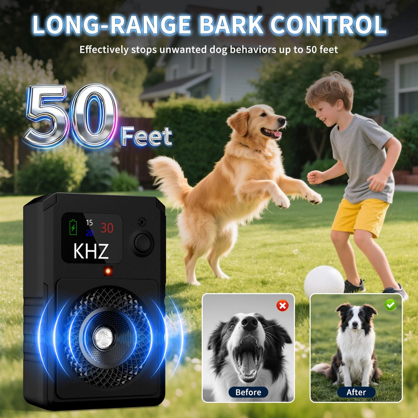 2025 Upgraded Anti Barking Device for Dogs with Display – 3 Modes Bark Deterrent up to 50FT - Rechargeable Bark Control Tool for Indoor Outdoor Training - Safe No Bark Device for Small & Large Dogs