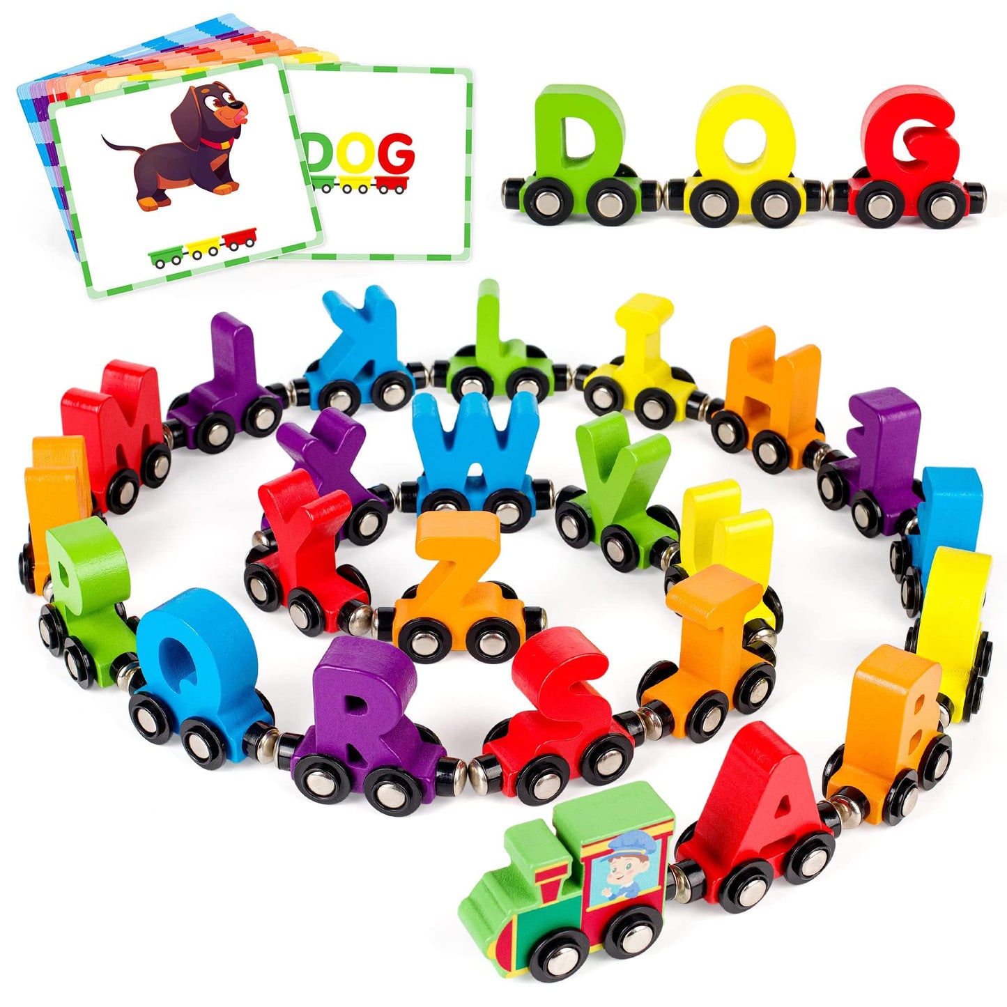 Vanmor 27 Pcs Magnetic Wooden Alphabet Train Set, ABC Learning Toy with 42 Flash Cards & Storage Bag, Fun Educational Toy for Kids Ages 3-7, Interactive Early Development Gift for Boys & Girls