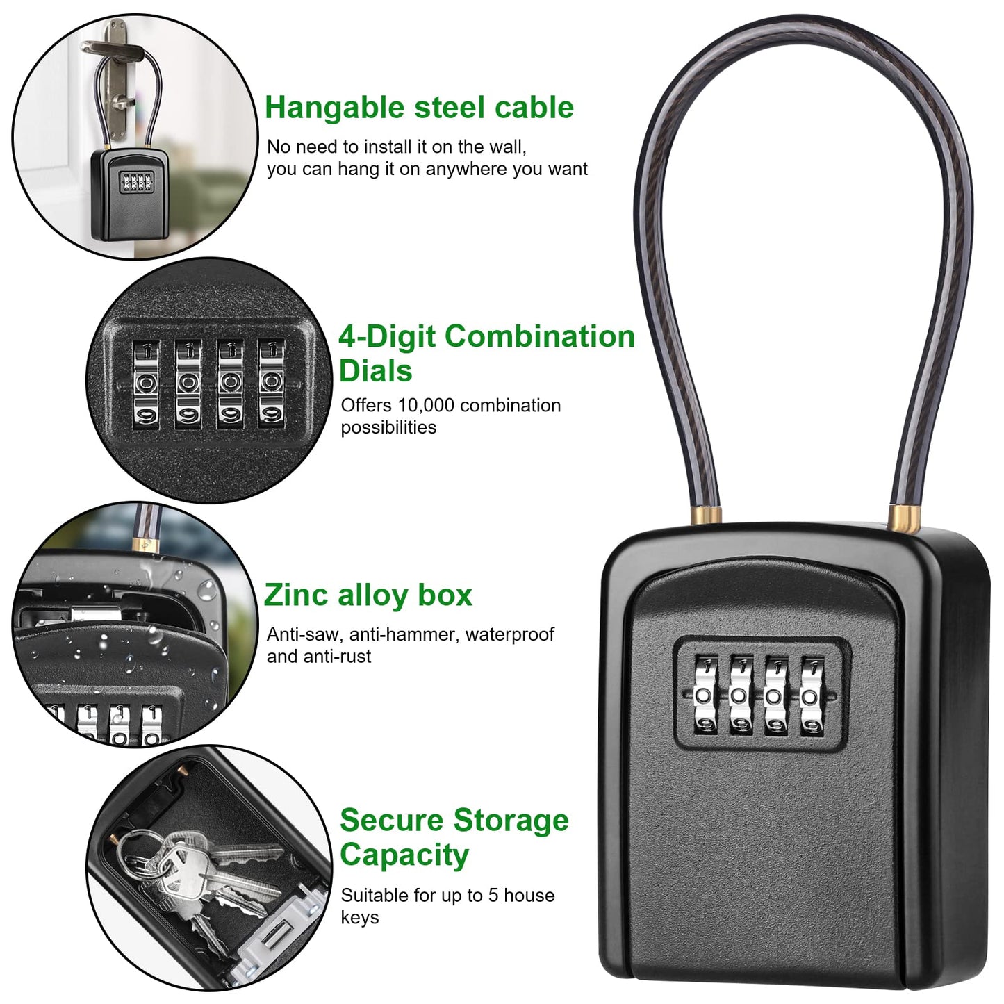 Key Lock Box, [New Version] [Flexible Rope] Diyife Portable Outdoor Lock Box for Keys with Removable Chain, Weatherproof 4-Digit Combination Key Safe for Home Garage AirBnb Office [2 Packs, Black]