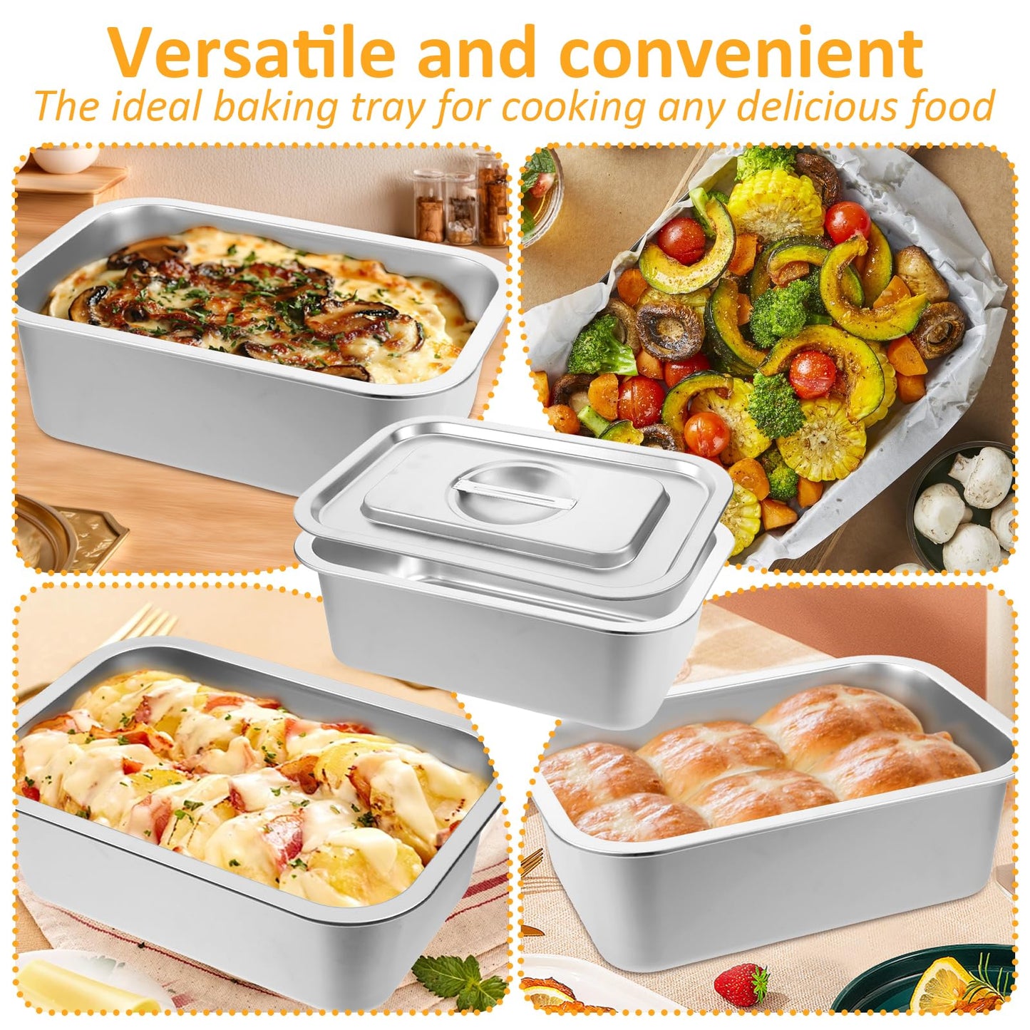 CODOHI 2 PACK 4 Inch Extra Deep Lasagna Baking Pan with Lid, 10.6x14.2 Inch 304 Stainless Steel Large Baking Dish Tray for Oven, Thick Metal Roasting Pan for Casserole Brownie Turkey (Silver, L)