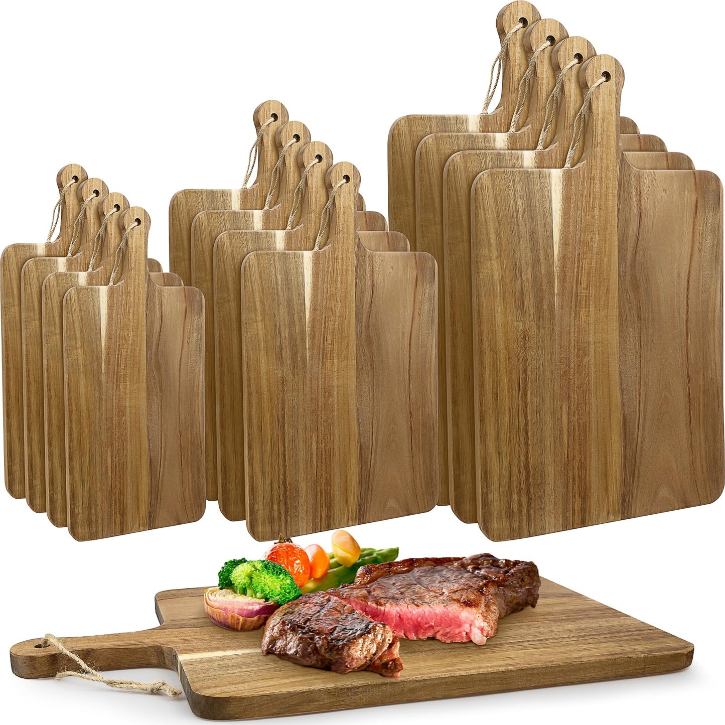 12 Pcs Acacia Wood Cutting Boards with Handle, Wooden Chopping Board Bulk, Meat Charcuterie Boards, Serving Board for Bread, Pizza, Cheese, Fruits, Vegetables (3 Sizes)