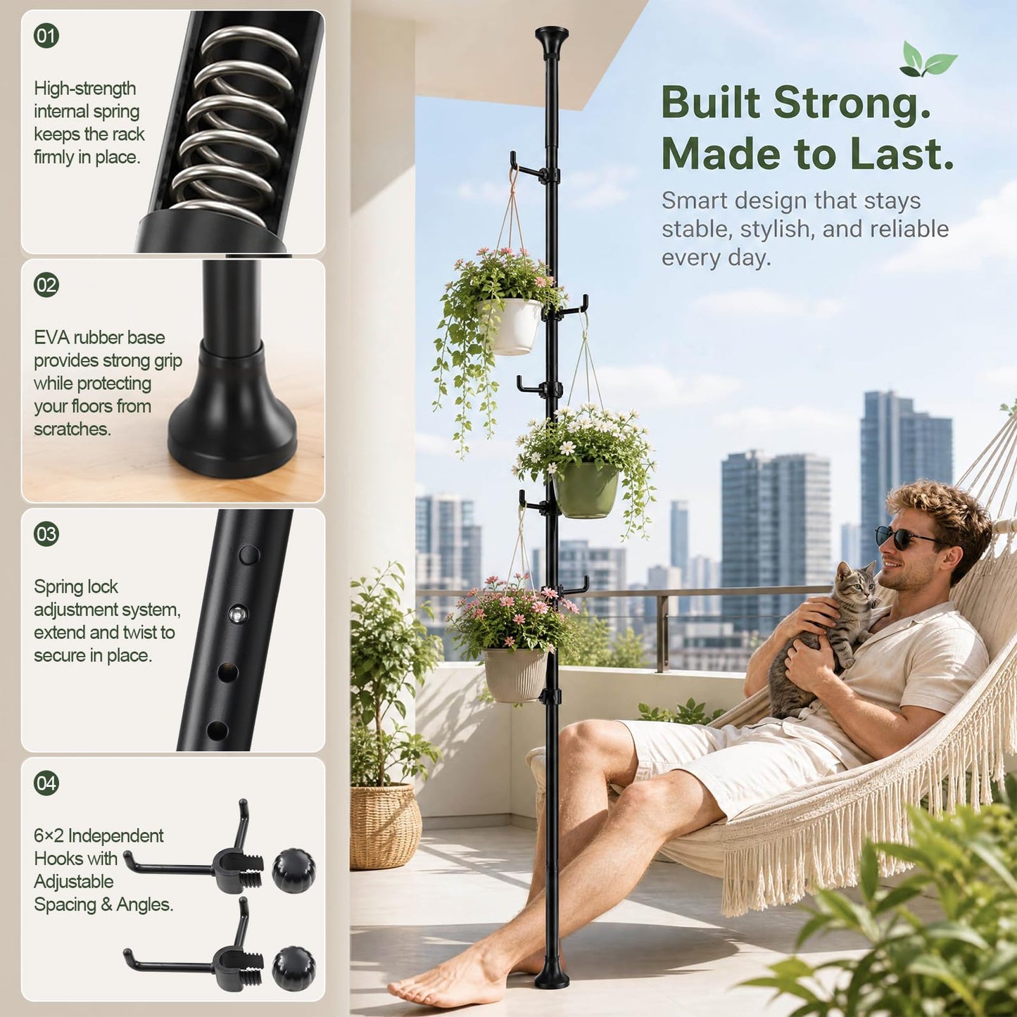 Sempicad Coat Rack Freestanding, 56 to 125 inch Adjustable Tension Rod Coat Hanger with 12 Hooks for Hanging Coat, Jacket, Hat, Scarf, Suitable for Living Room, Balcony, Kitchen BLACK