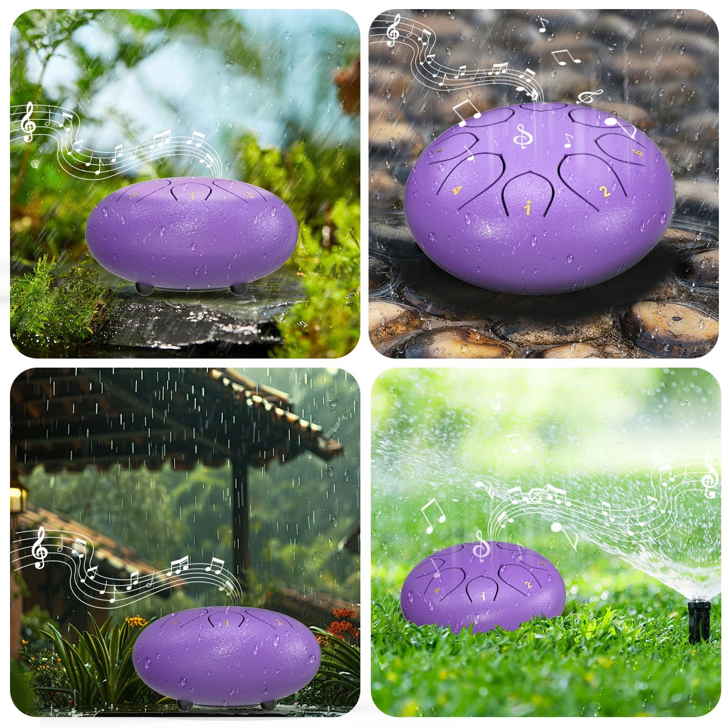Rain Drum for Outside Garden, 6 Inches 8 Notes Steel Tongue Chakra Drums, Waterproof Meditation Rain Chime, Musical Instruments for Adult Gift with Bag, Music Book, Drum Mallets (Purple)