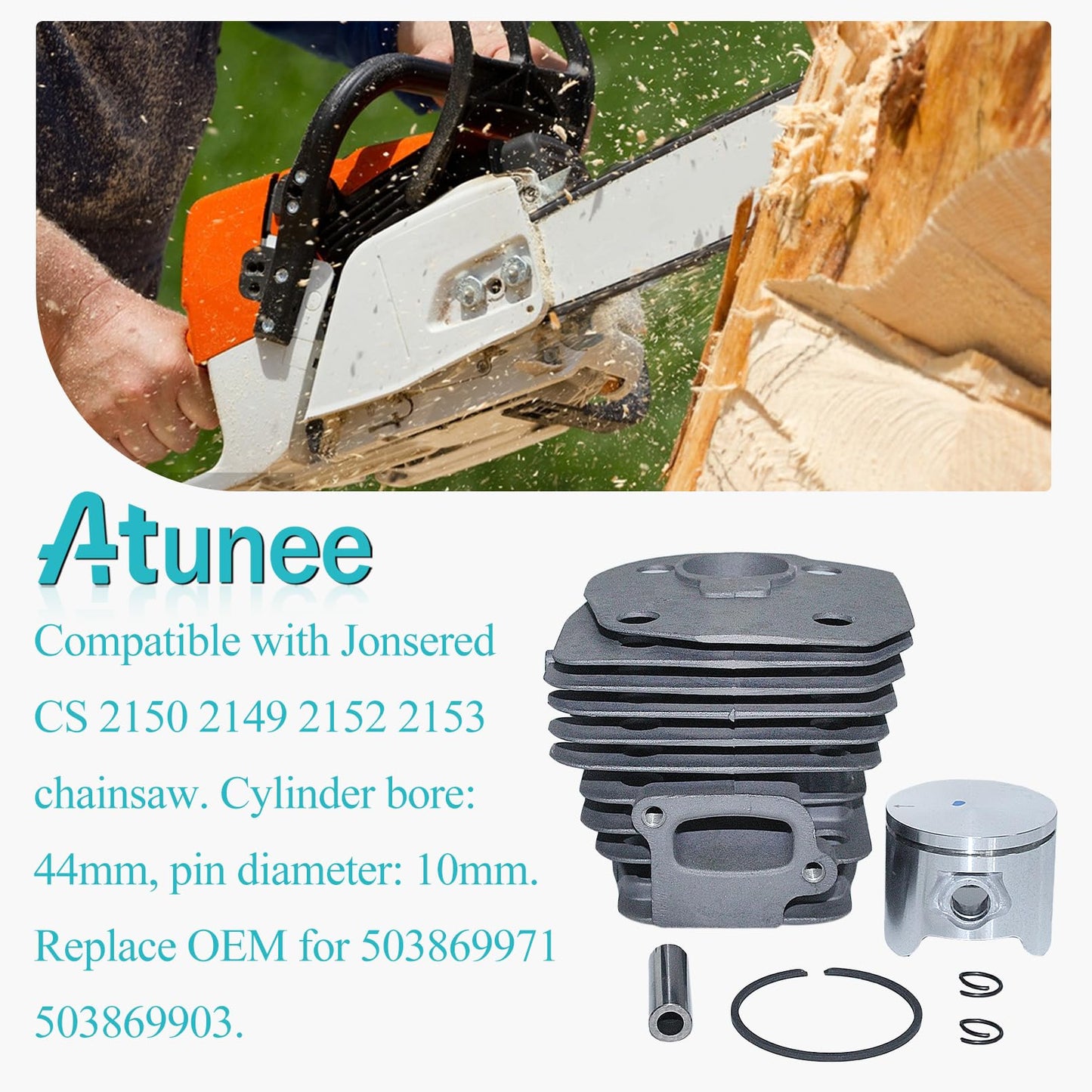 Atunee 44mm Cylinder Piston Pin Ring Kit fit for Husqvarna 350 351 353 346 for Jonsered CS 2150 2149 2152 2153 Chainsaw Parts with E-Clip Replace 503869971 503869903