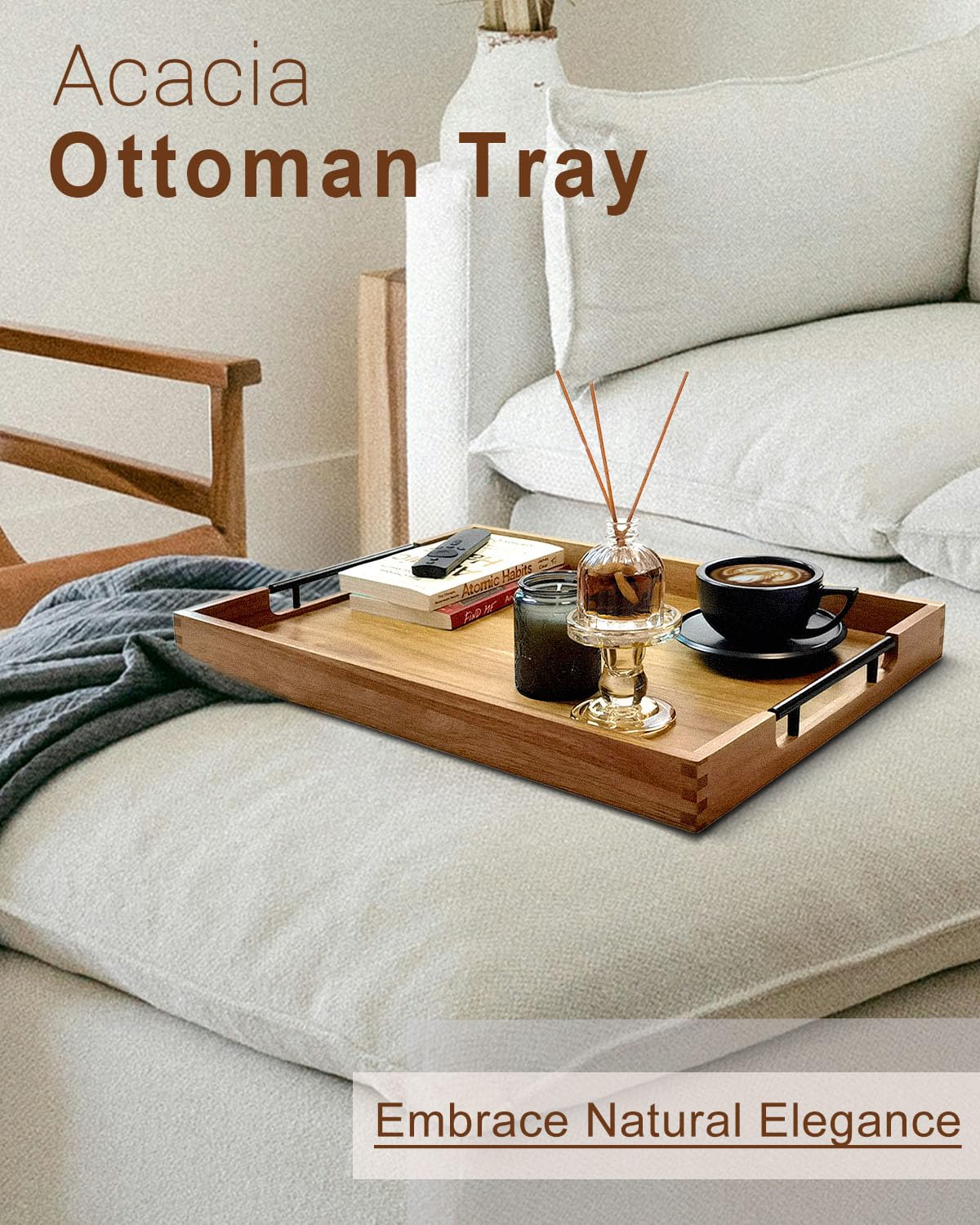 OurMiao 22 Inches Acacia Wood Serving Tray with Metal Handles, Large Wooden Rectangle Ottoman Tray, Decorative and Durable Design for Living Room Coffee Table Couch