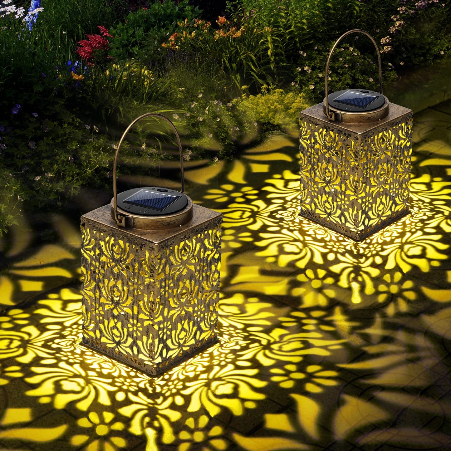 YWYWLED 2 Pack Solar Lanterns - Waterproof Metal Hanging Solar Lights Outdoor Decorative, Solar Powered LED Lamp for Patio Tabletop Porch Deck Yard Garden Decor for Outside (Rose)