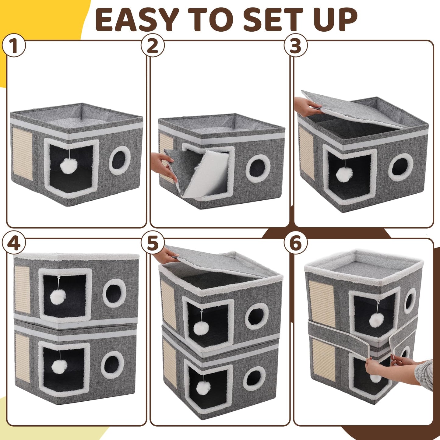 3 Storey Cat House for Indoor Cats Cube Condo, Stackable Cat Cave Beds & Furniture with Scratch Pad and Peephole, Cute Modern Cat Condo for Multi Small Medium Pet Kitten Puppy