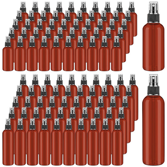 100 Pack Amber Small Spray Bottles, Plastic Fine Mist Cosmetic Spray Bottles, Refillable Liquid Containers for Essential Oils, Perfumes, Cleaning (50Pcs 2oz/ 50Pcs 4oz)