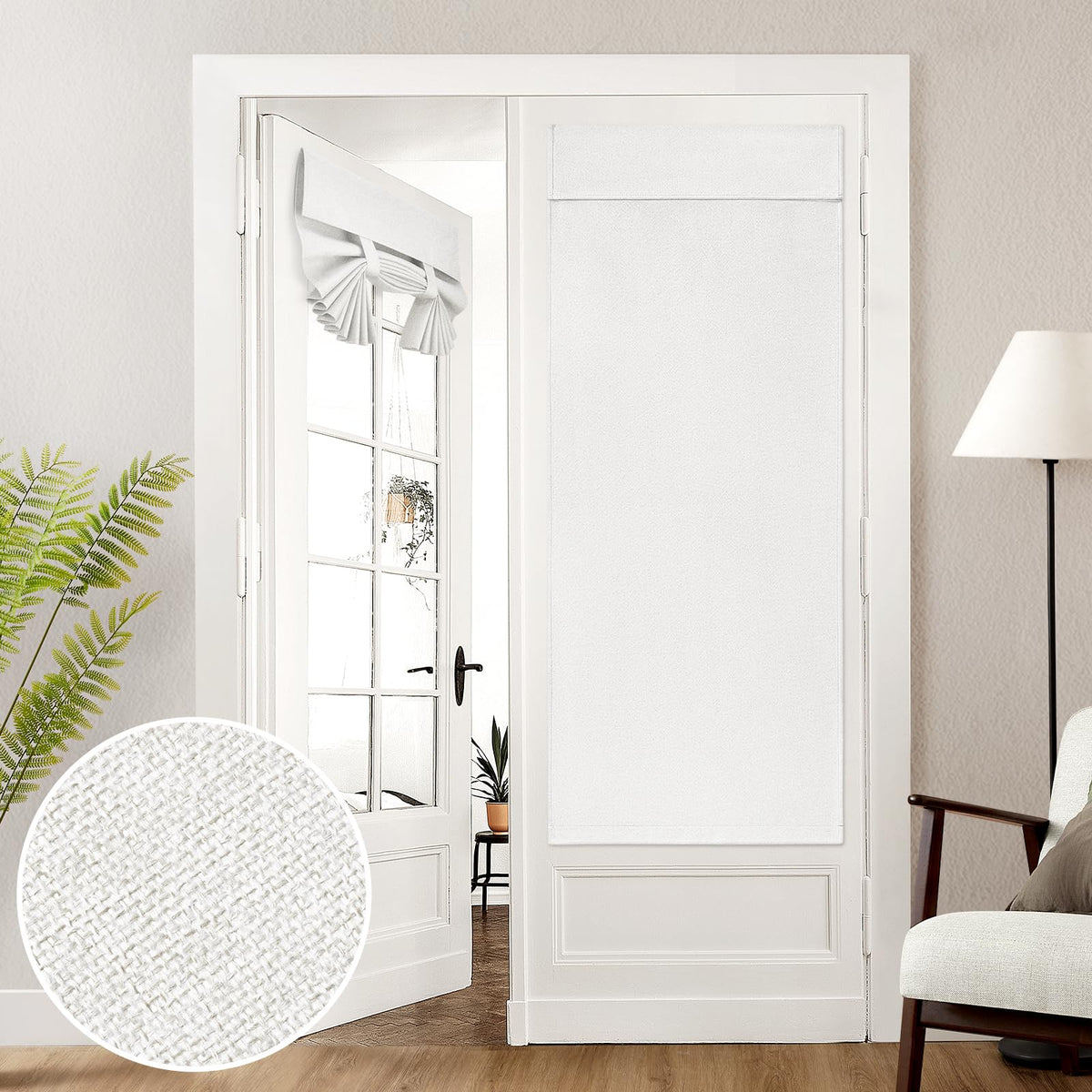 HOMEIDEAS 100% Linen Blackout French Door Curtains, Privacy Door Window Curtains, 26 X 68 Inch Room Darkening Curtains, Thermal Insulated Door Shades for Bedroom, (1 Panel, White)