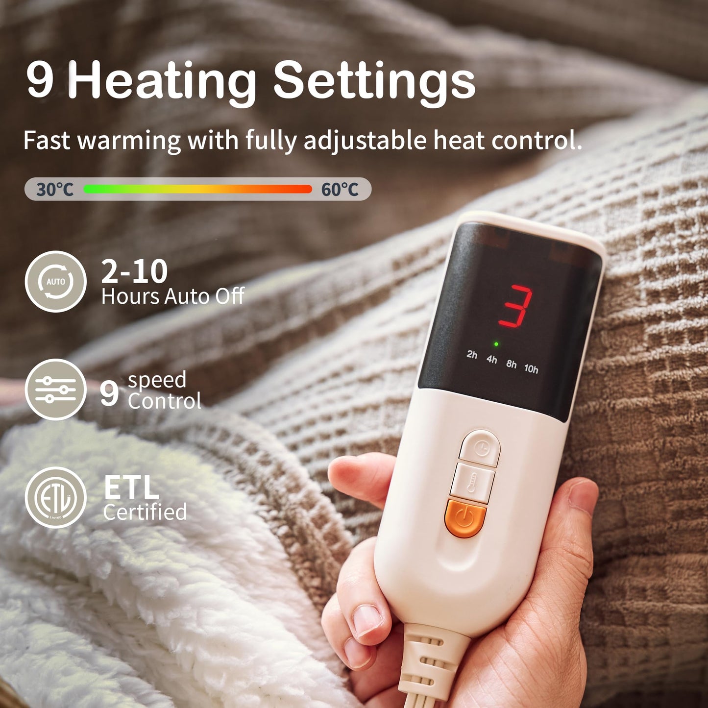 Heated Blanket Electric Blanket Throw 50''X60''-Heating Blanket with 9 Heat Settings-2-10 Hours Auto Off,ETL Certified,Machine Washable (Grey)
