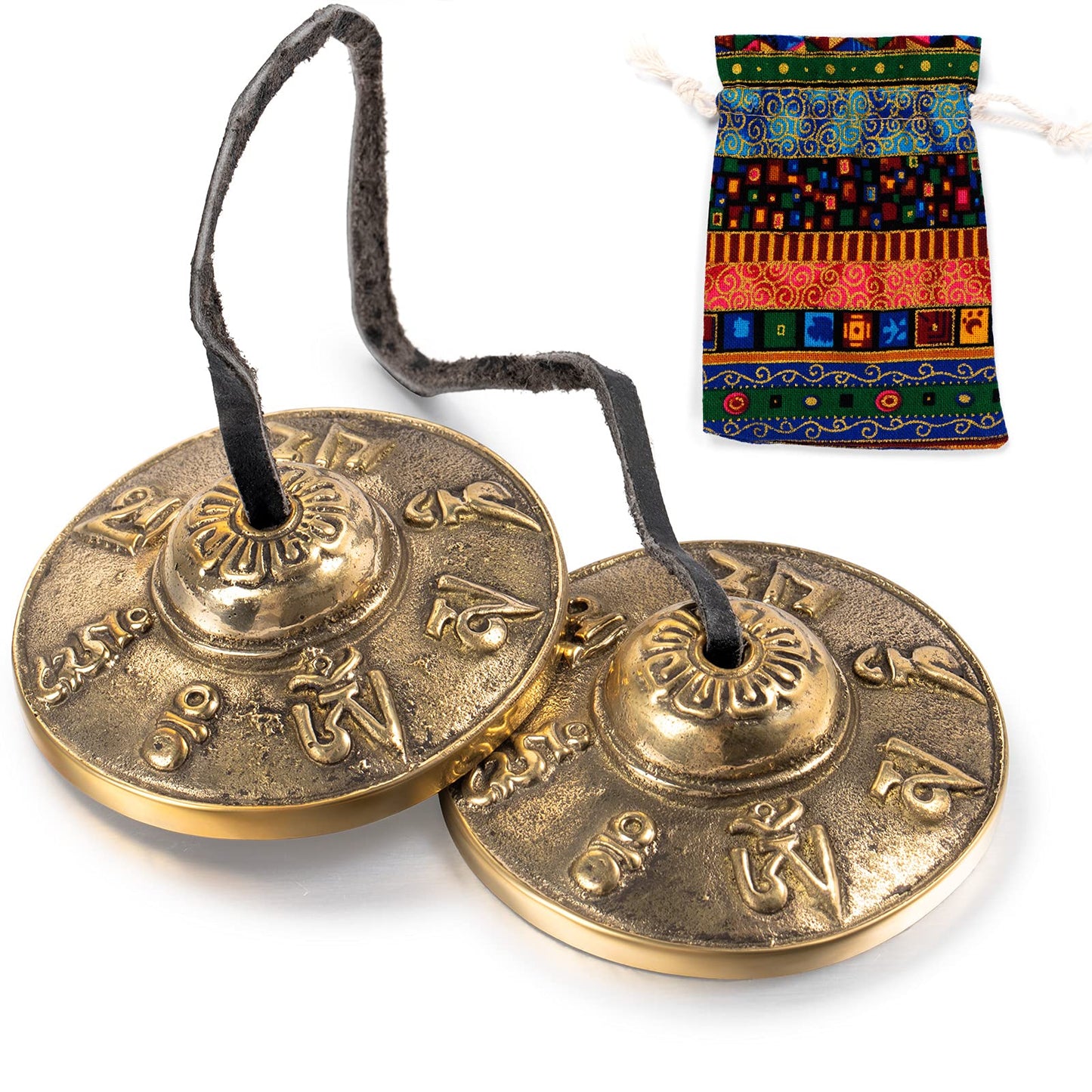 Boao Tibetan Bells Tingsha Cymbals Meditation Chime Bells with Tibetan Drawstring Cloth Bag, 6.3 cm Yoga Finger Meditation Chime for Percussion Instrument(Om Mane Padme Hum Symbols Embossed)