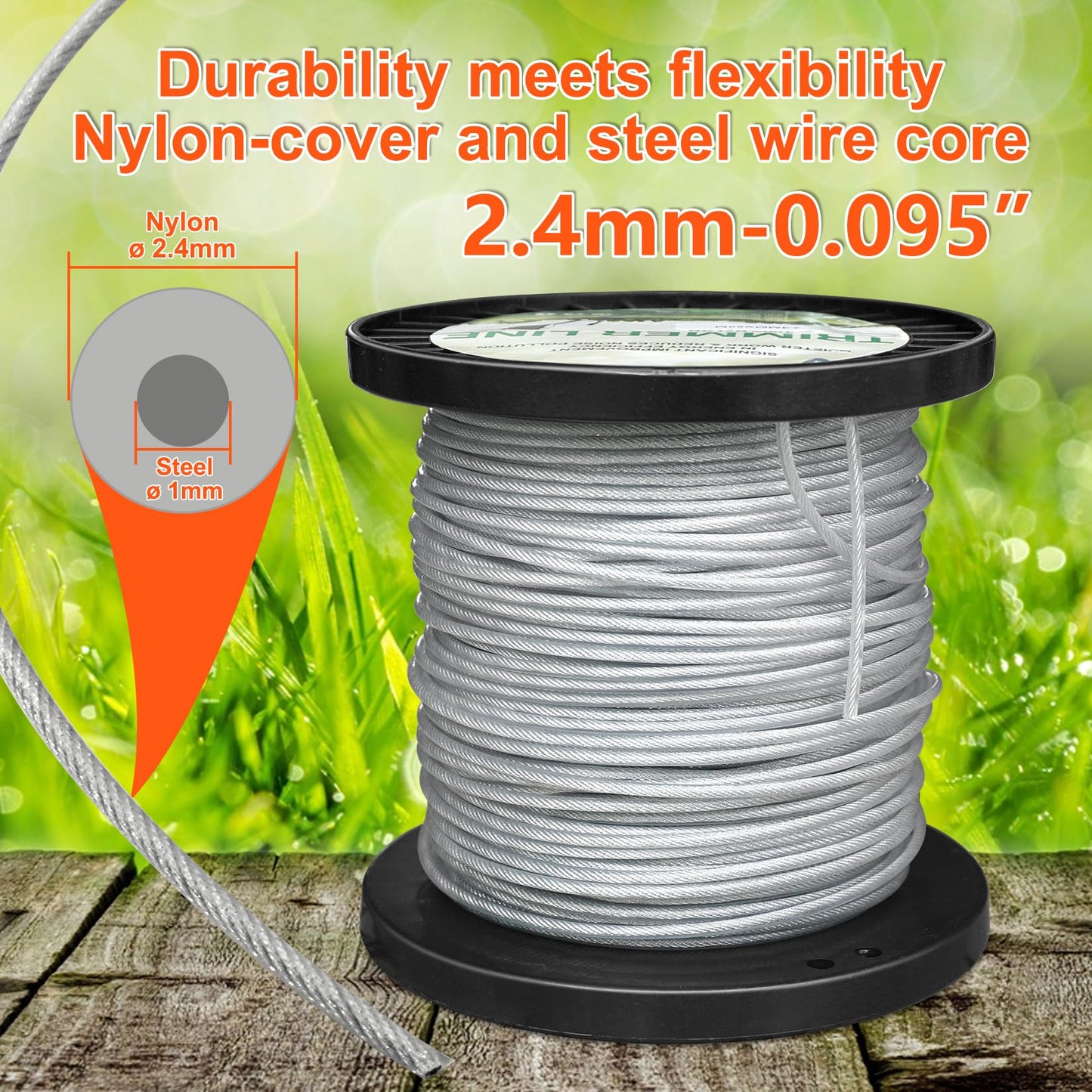 Akuoly Heavy Duty Steel-Core Trimmer Line– 0.095" 196ft Durable Trimmer Spool with Inner Steel Wire & Nylon Coating for String Trimmers on Thick Weeds, Fil Coupe Bordures with Storage Reel