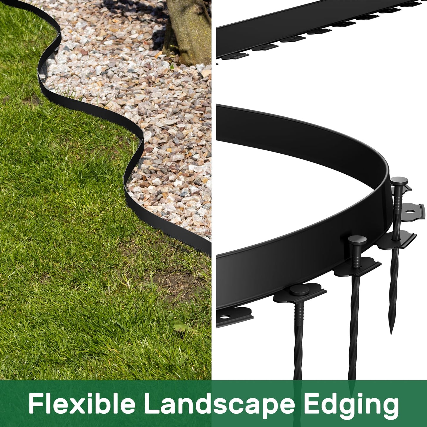 AGTEK 46FT Plastic Landscape Edging Kit 1.5in. Height No-Dig Garden Edging Border Lawn Edging Roll for Flower Bed Lawn Yard, Black, with 28 Anchoring Spikes