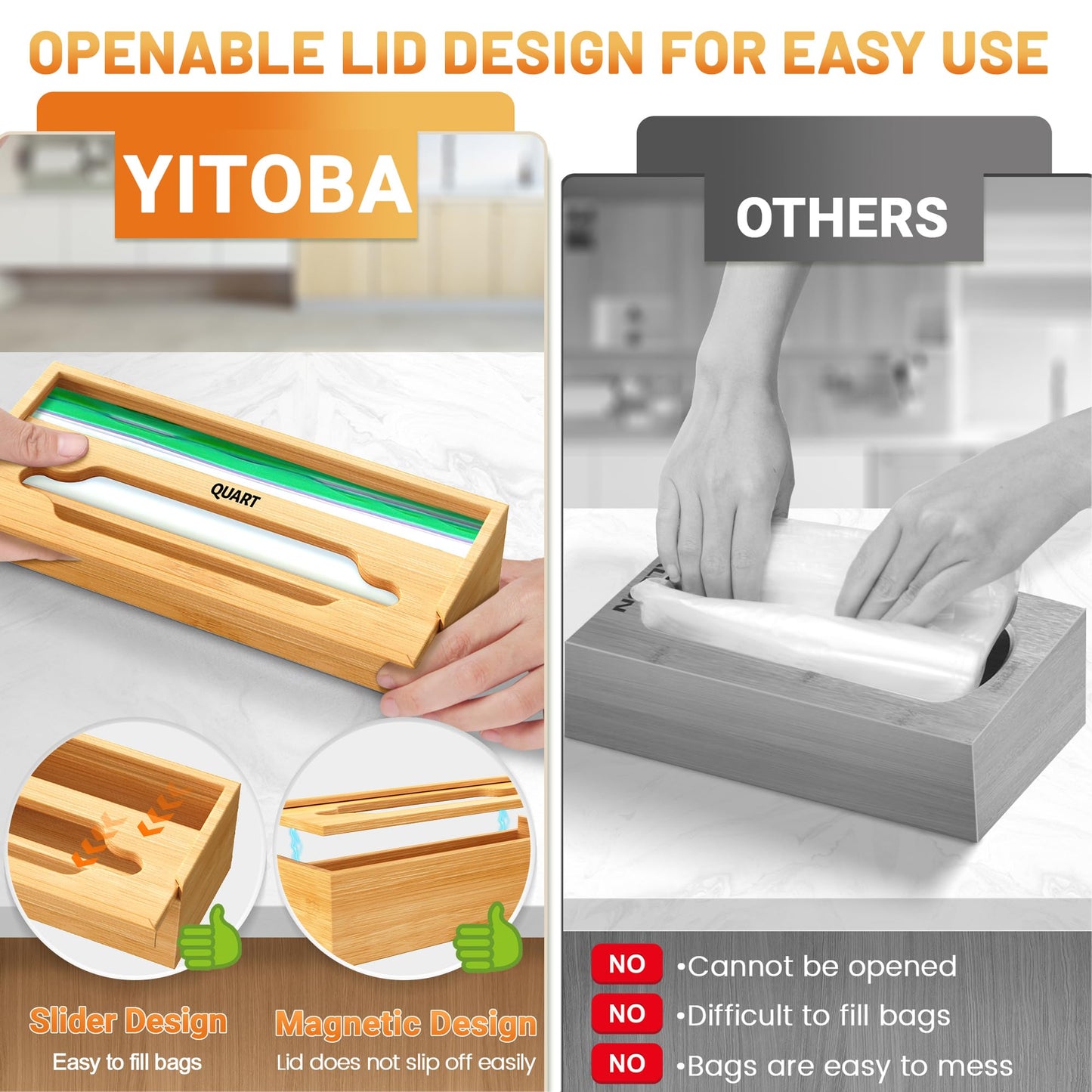 YITOBA 6 In 1 Bag Storage Organizer With Foil and Plastic Wrap Dispenser, Extended Aluminum Foil Holder, Bamboo Baggie Drawer for Gallon, Quart, Snack