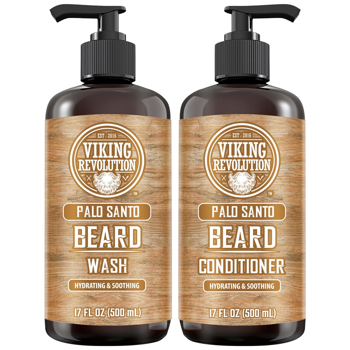 Viking Revolution - Beard Wash & Beard Conditioner Set With Argan & Jojoba Oil - Softens & Strengthens - Beard Shampoo & Conditioner - Palo Santo - 500 ml x 2