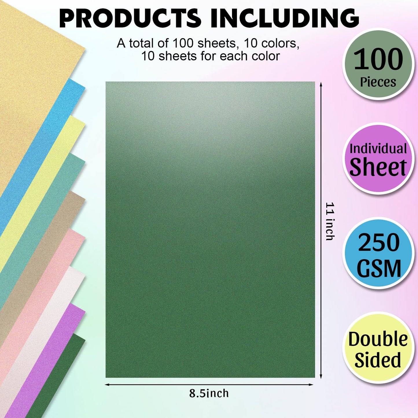 Yeaqee 100 Sheets 10 Colors Thick Shimmer Paper 8. 5 x 11 Inch Metallic Cardstock 250gsm 90lbs Thick Double Sided Glitter Pearlescent Paper Colorful for Invitations Weddings DIY Craft Parties