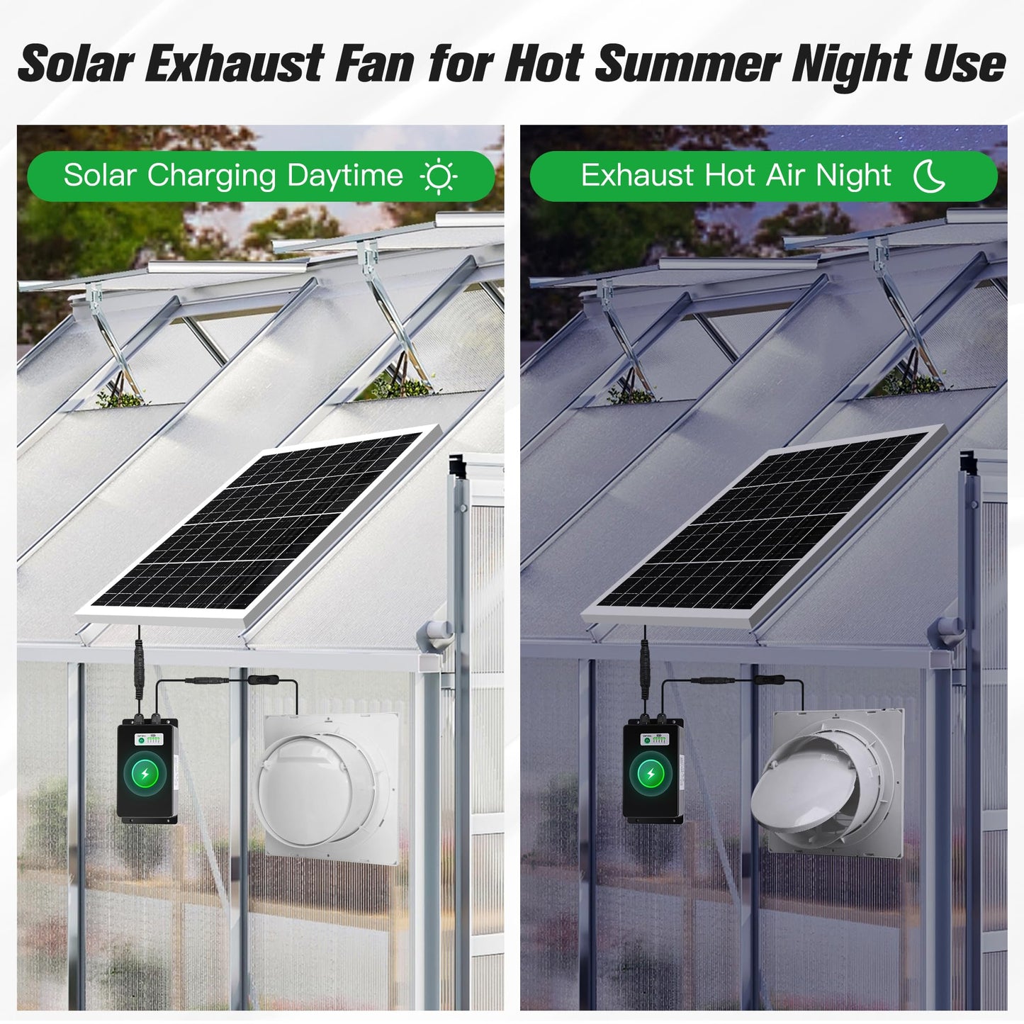 blessny Solar Powered Rechargeable Exhaust Fan, 25W Solar 8" Ventilation Vent Fan with 66.6 Wh Battery Backup for Outside Greenhouse, Chicken Coop, Shed, Pet House