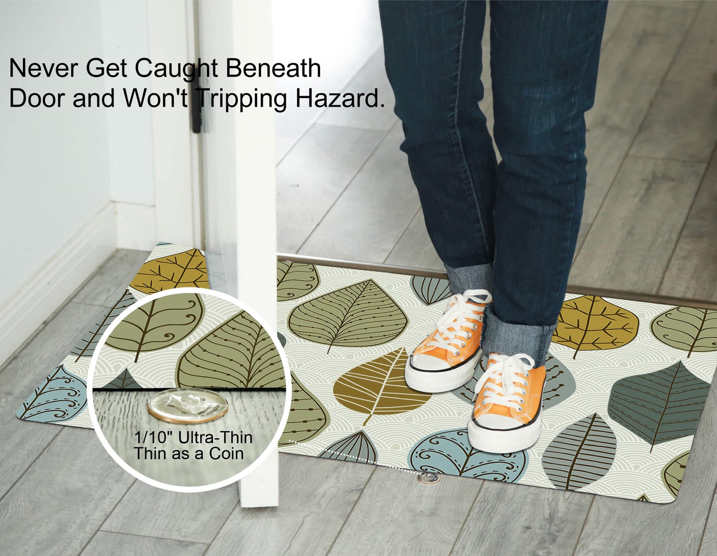 Cosilyt 1/10 Inch Ultra Thin 24"×35" Large Front Door Mat Indoor Entrance Inside Non Slip, Waterproof Rubber Kitchen Mat and Interior Home Washable Door Mat, Multi Leaves