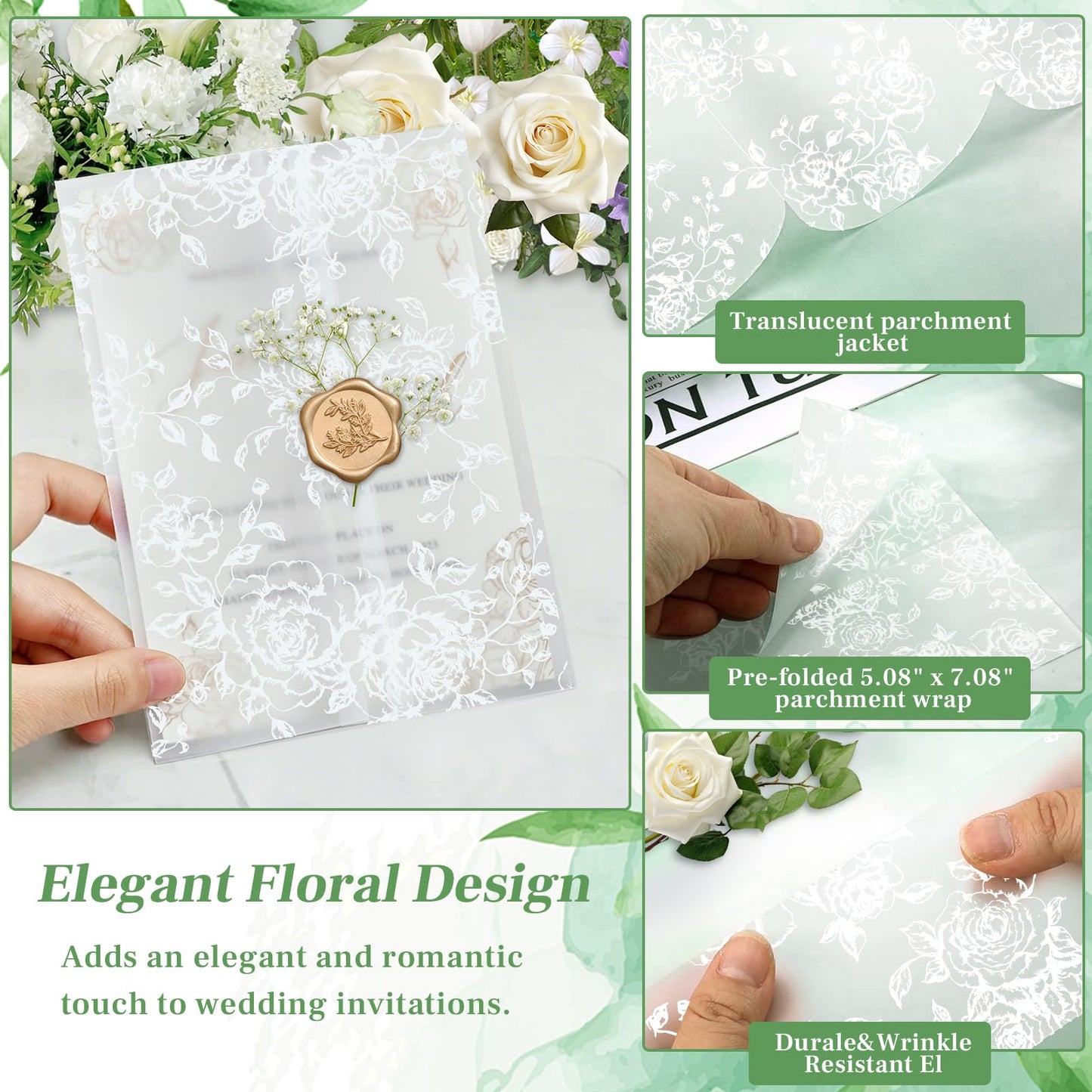 Wedding Invitation Accessories Kit, Pre-Folded Vellum Jackets for 5×7 Invitations with Wax Seal Stickers, Ribbon & Dried Flowers, Wedding Invitation Accessories for DIY Bridal Invites (50, White, Rose)