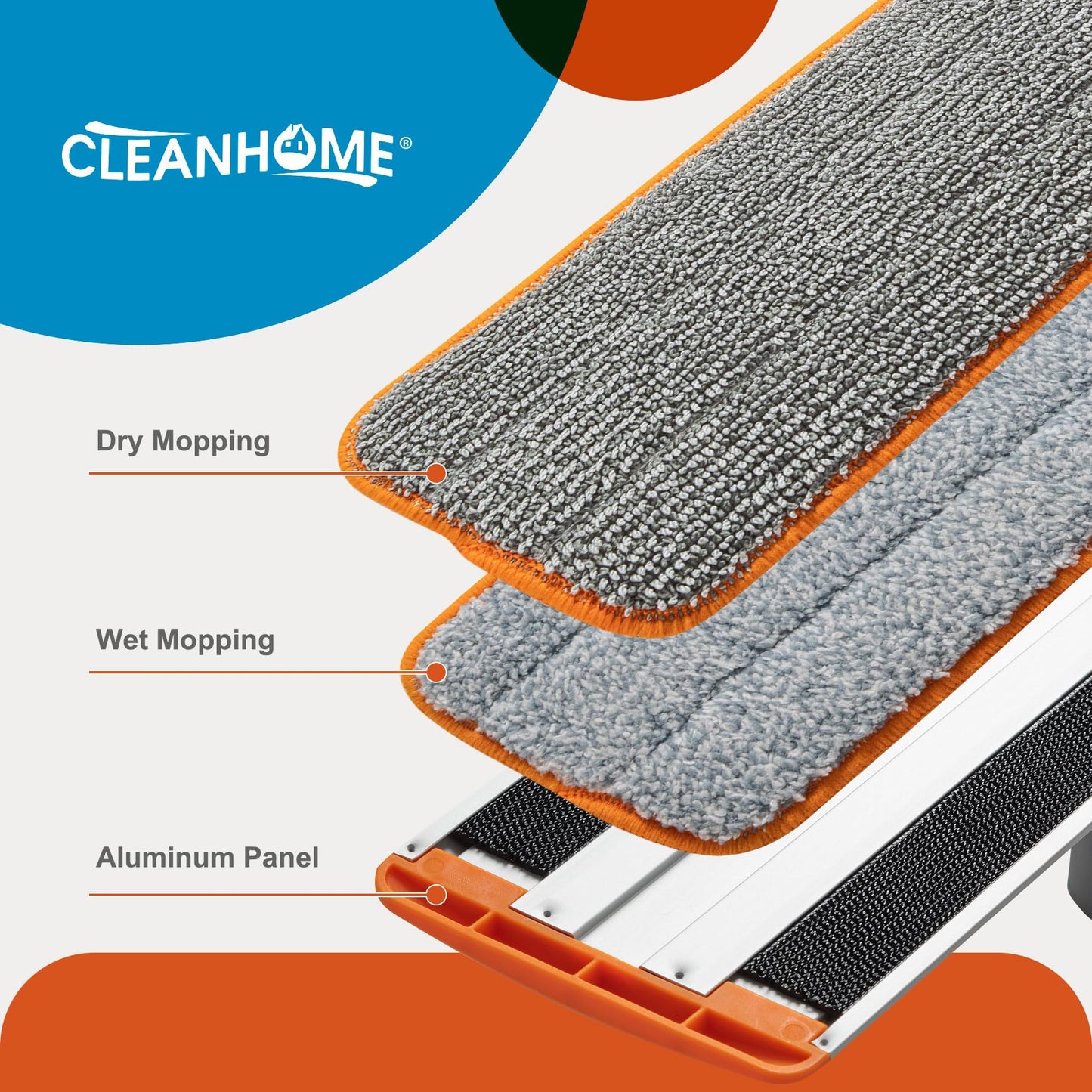 CLEANHOME Microfiber Mop Floor Dust Mop with Extendable Long Handle, Flat Mop with 4 Reusable Pads and 1 Dirt Removal Scrubber, Suitable for Home Kitchen Bathroom Living Room Cleaning
