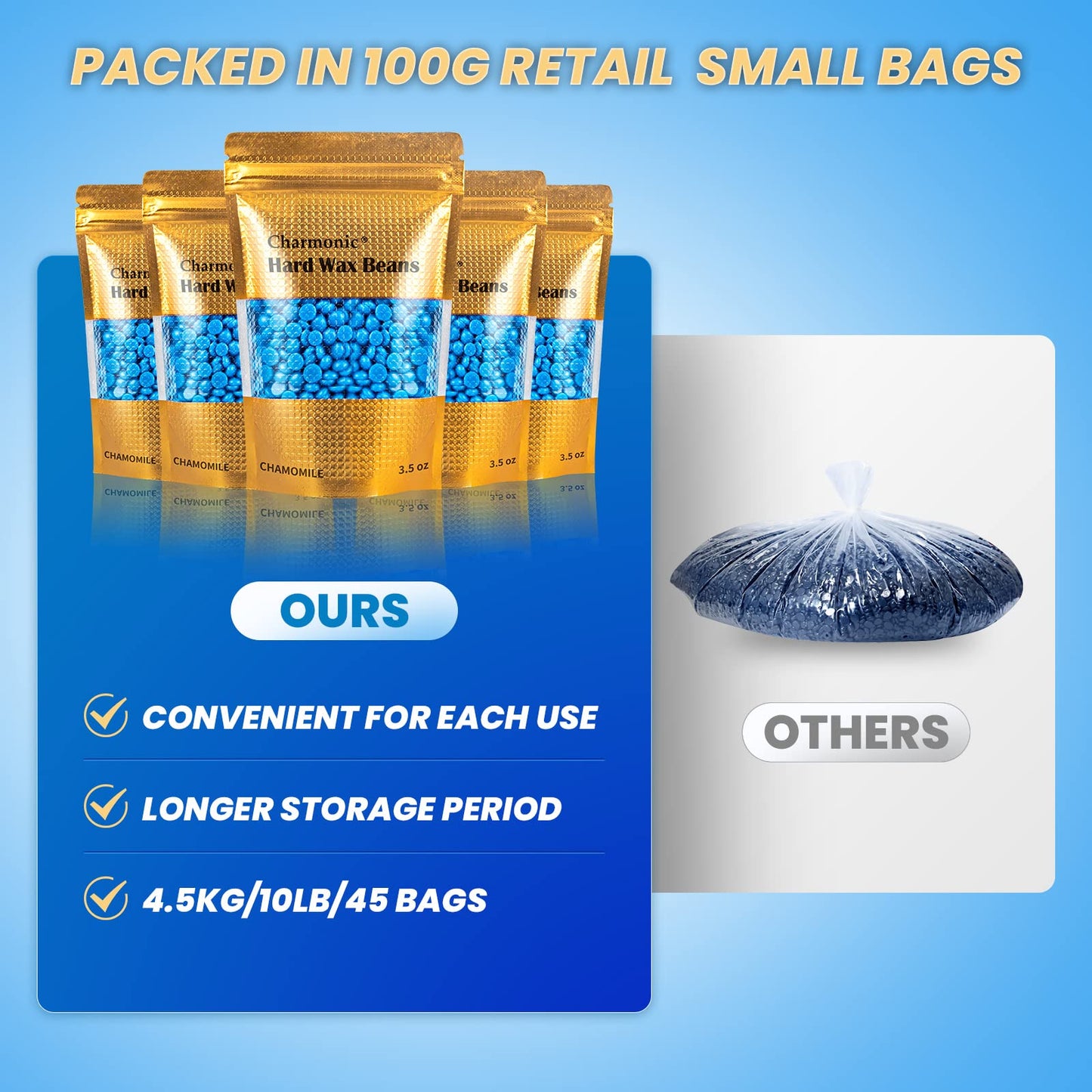 Charmonic 10lb Wax Beads, Bulk Hard Wax Beads, Hard Waxing Beads for Face, Eyebrow, Brazilian, Legs, Body and Bikini Hair Wax Removal, Wax Beans, at Home Waxing Kit for Women & Men (10lb, 45 packs)