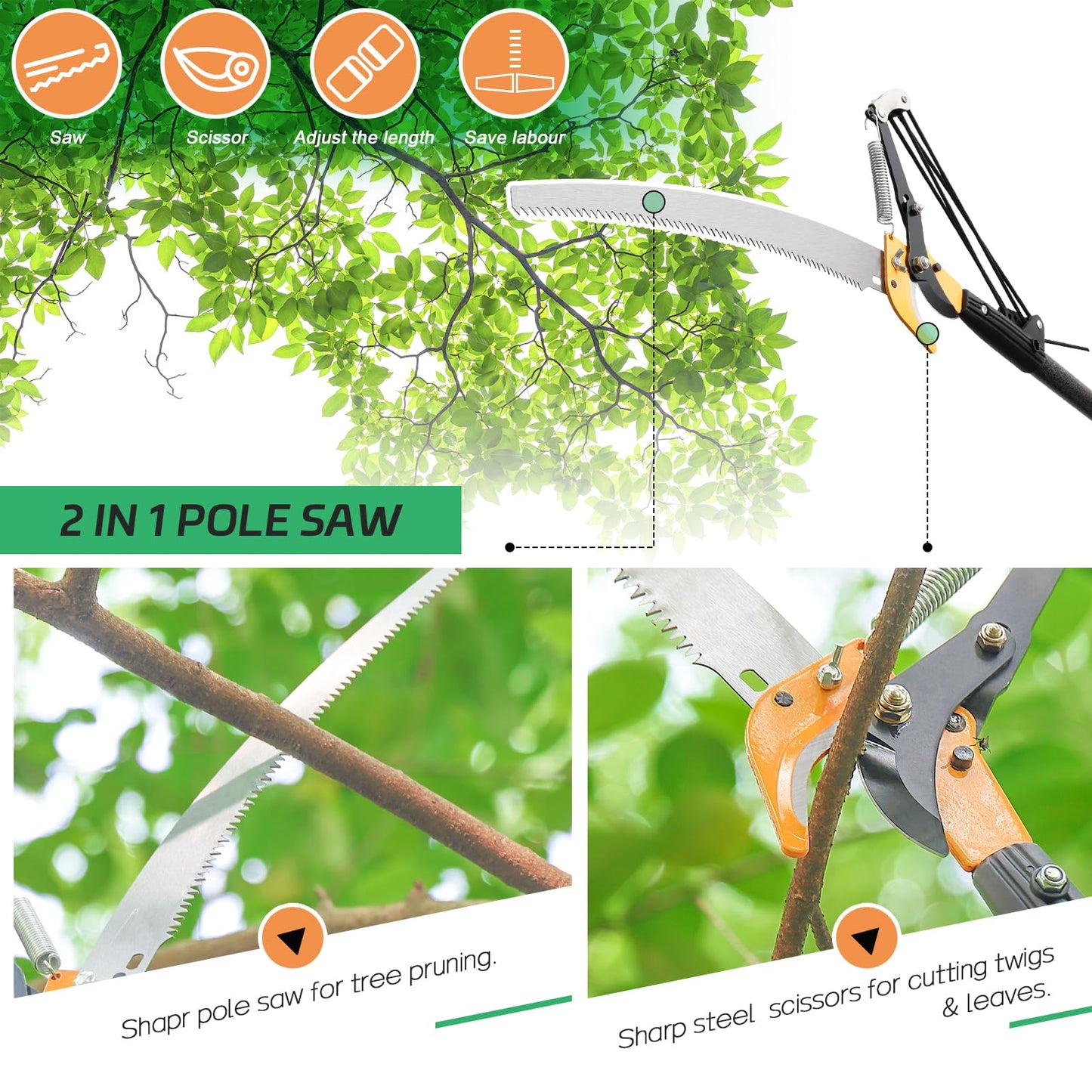 Pruning Pole Saws for Tree Trimming 12 Ft, Manual Tree Trimmer Long Handle Pruner, Tree Pruner with Extendable Pole, Trimmer Pole Saw Tree Pruner with Sharp Steel Blade for High Branches Trimming