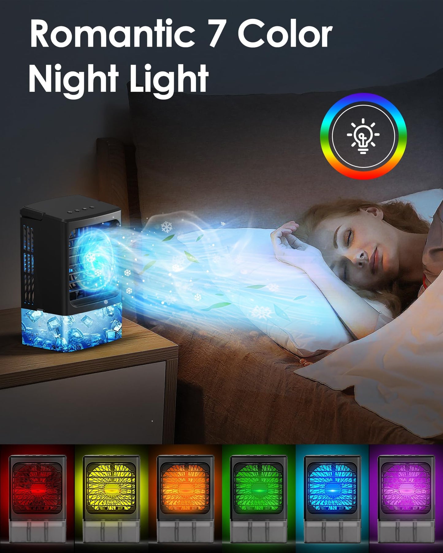 Portable Air Conditioner,Upgraded Small Air Conditioner Personal Air Cooler Mini Evaporative Cooler 3 Wind Speed Portable Small AC with 7 Night Light for Room Home Bedroom Office
